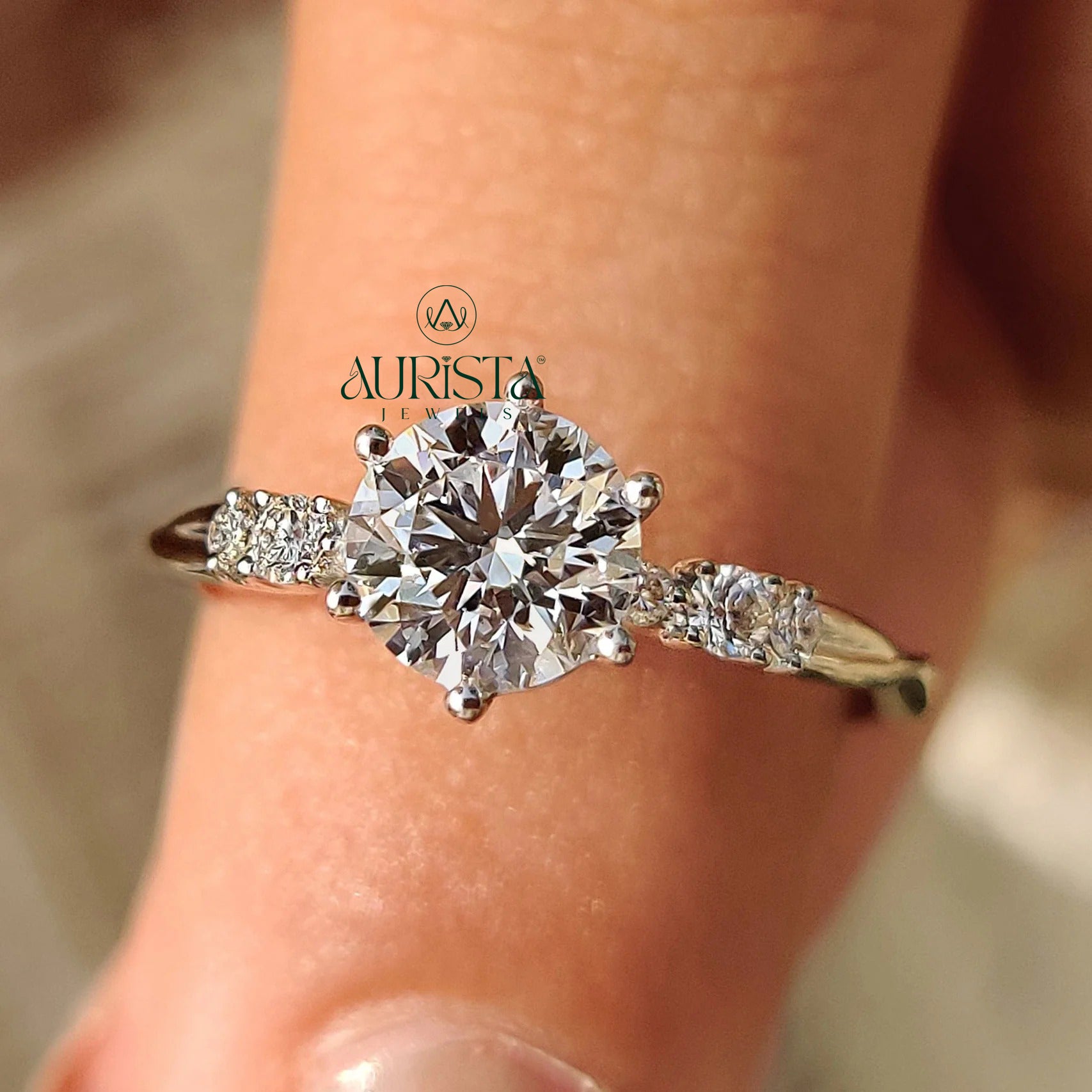 Round Brilliant Cut Diamond Ring with 6-Prong Accent Band