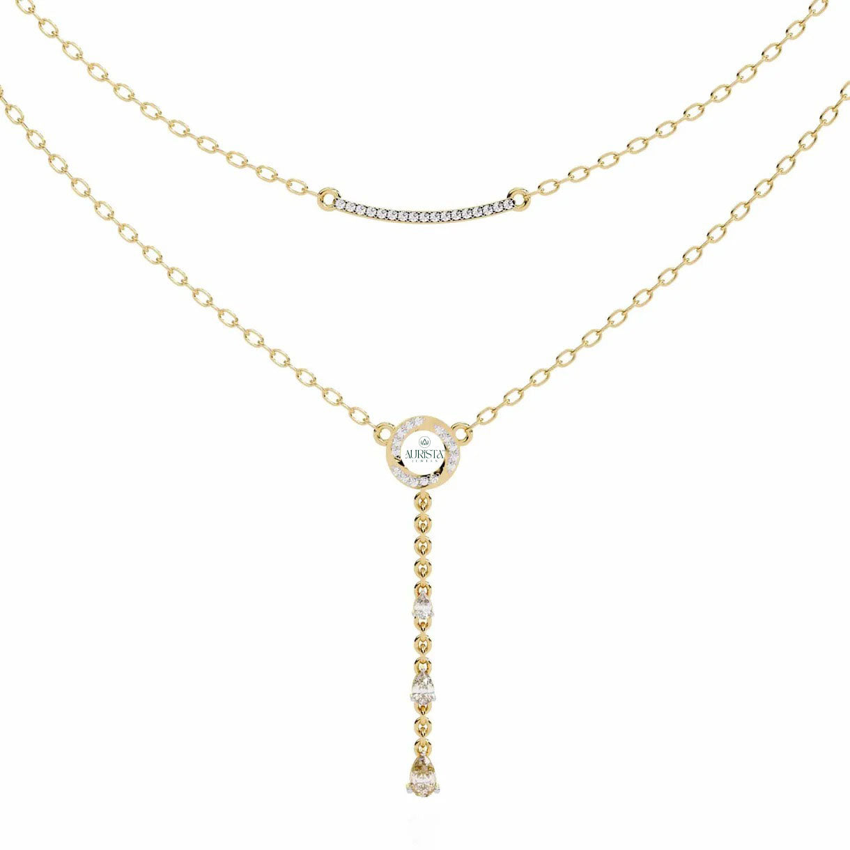 Gold Layered Lariat Necklace Lab Grown Diamond Curved Bar Circle Drop Y Necklaces