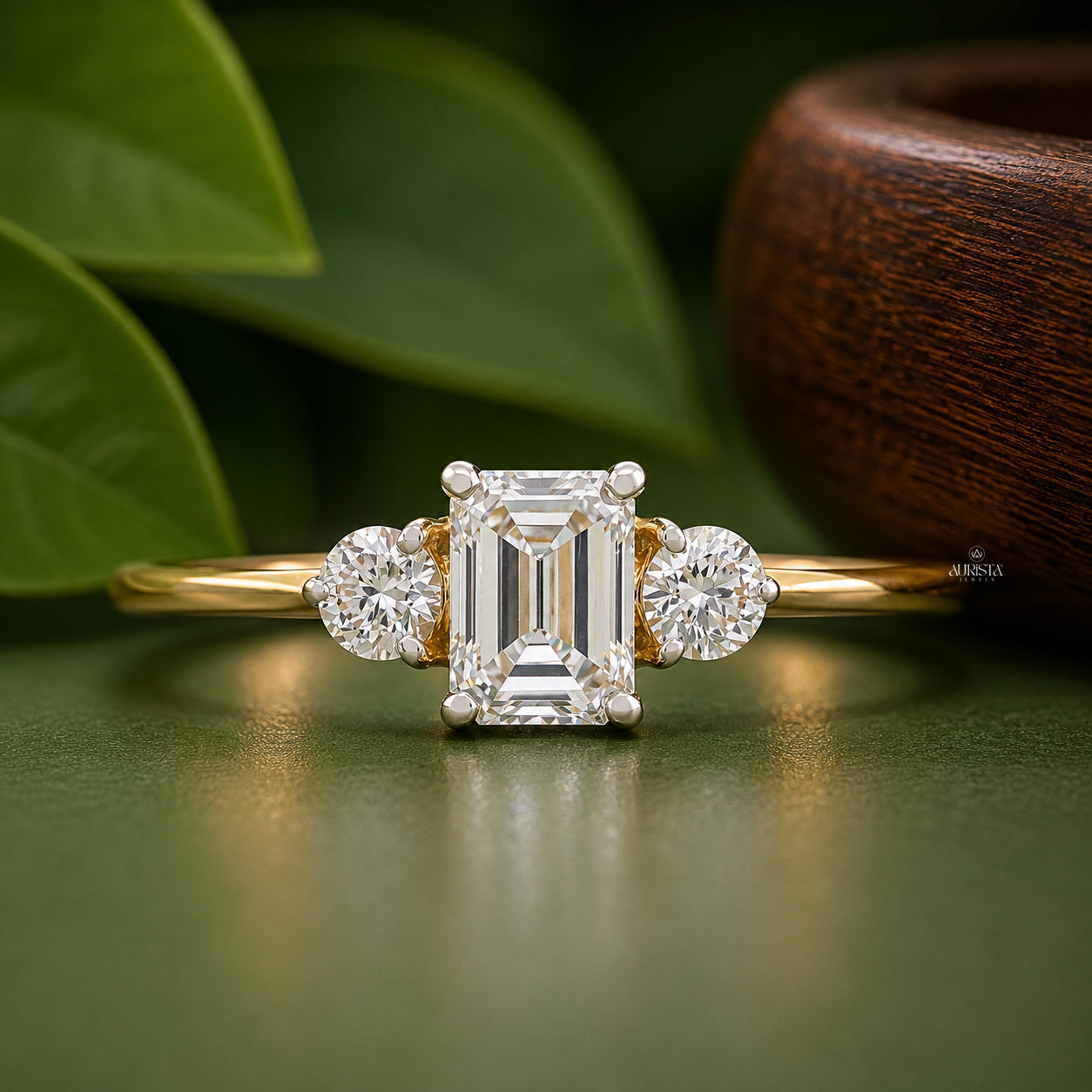 Emerald & Round Lab Grown Diamond Three Stone Ring, Anniversary Gift