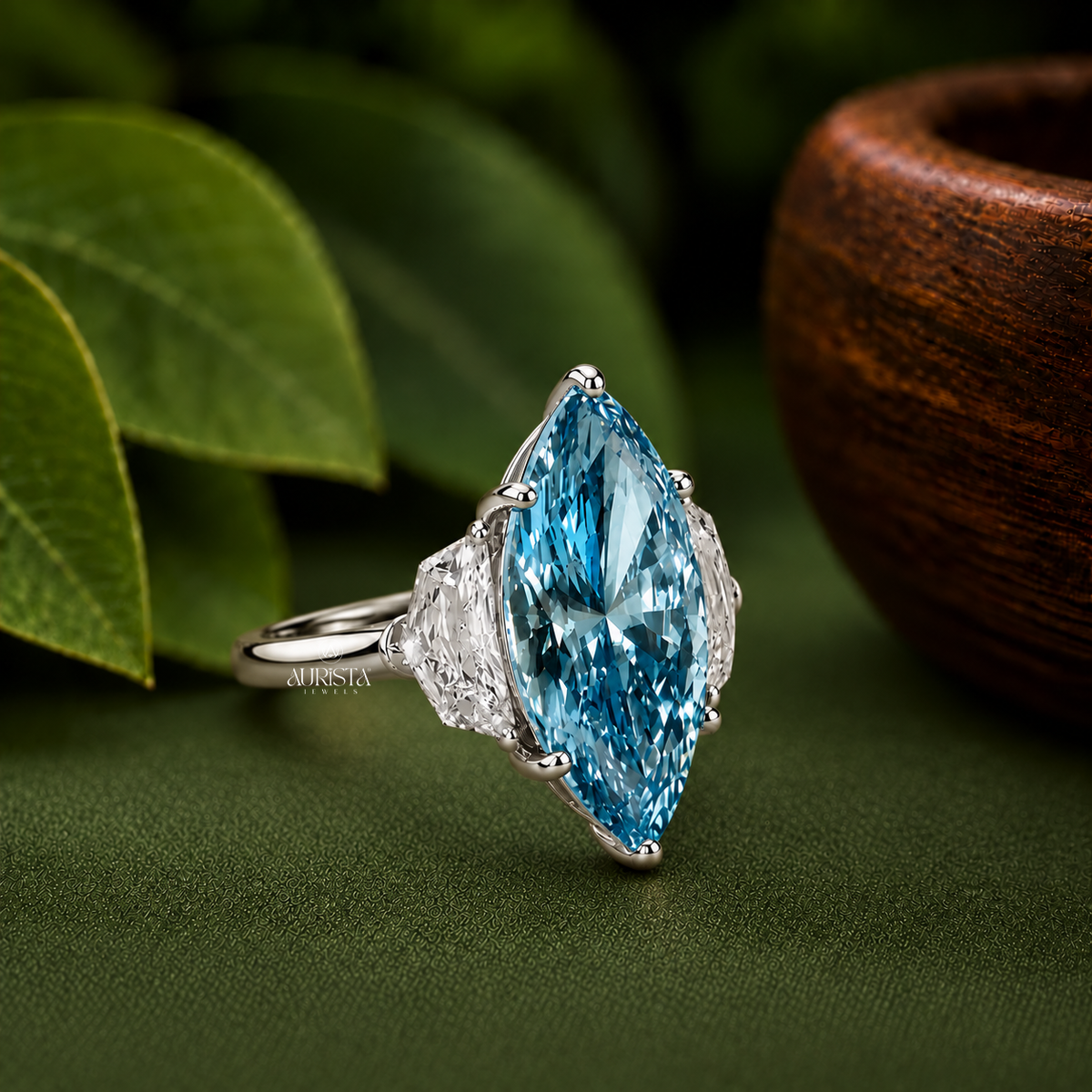 Lab Grown in Diamond Blue Marquise Engagement Ring Three Stone Statement Ring