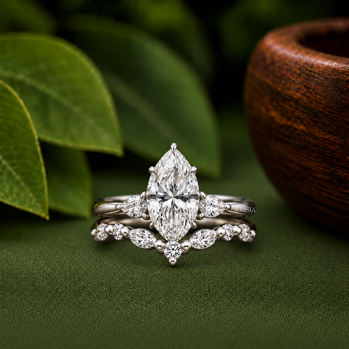 Marquise Shape Lab Grown Diamond Ring Set, bridal-set With Round Side Stones