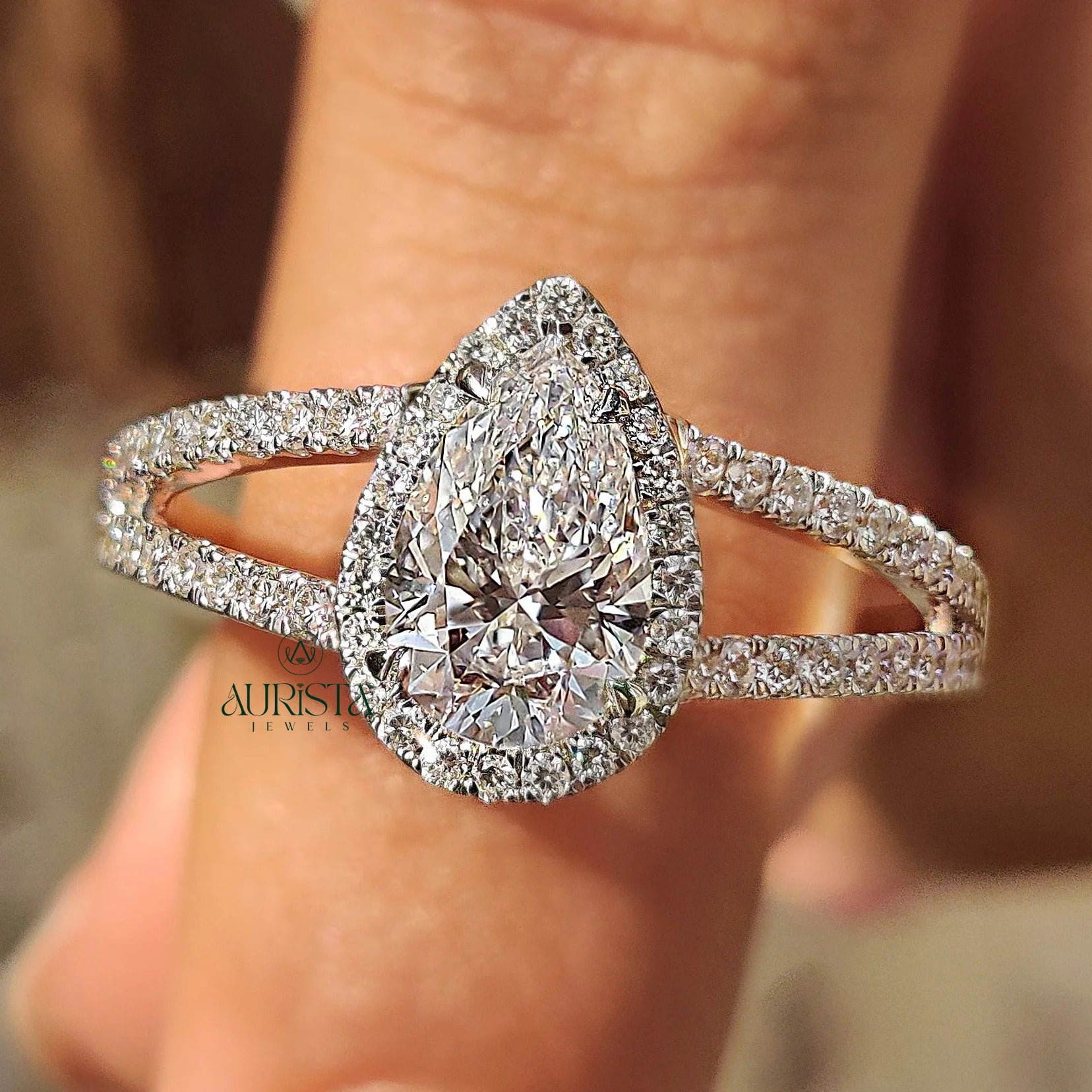 Pear Brilliant Stone Ring with Split Shank Pave Band
