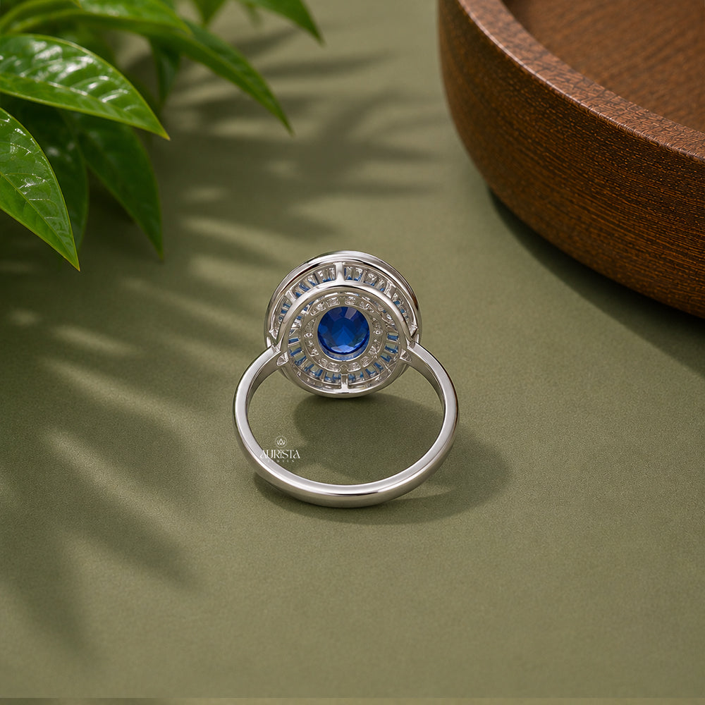 Oval Blue Moissanite Halo Ring, Sterling Silver Statement Ring, Cocktail Ring Gift