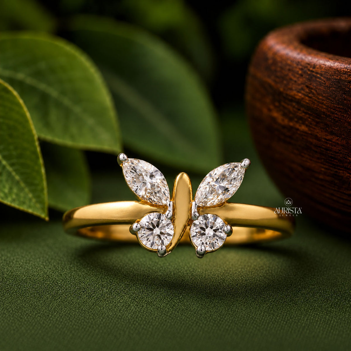 Butterfly Lab Grown Diamond Ring, Marquise & Round Shape Gold Statement Ring