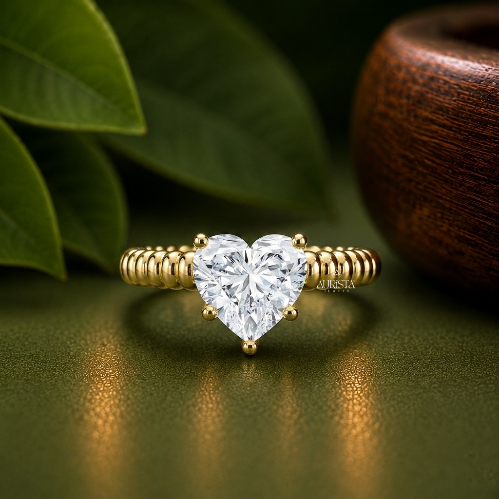 Heart Shape Moissanite Diamond Ring, Unique Ribbed Dome Yellow Gold Band Solitaire