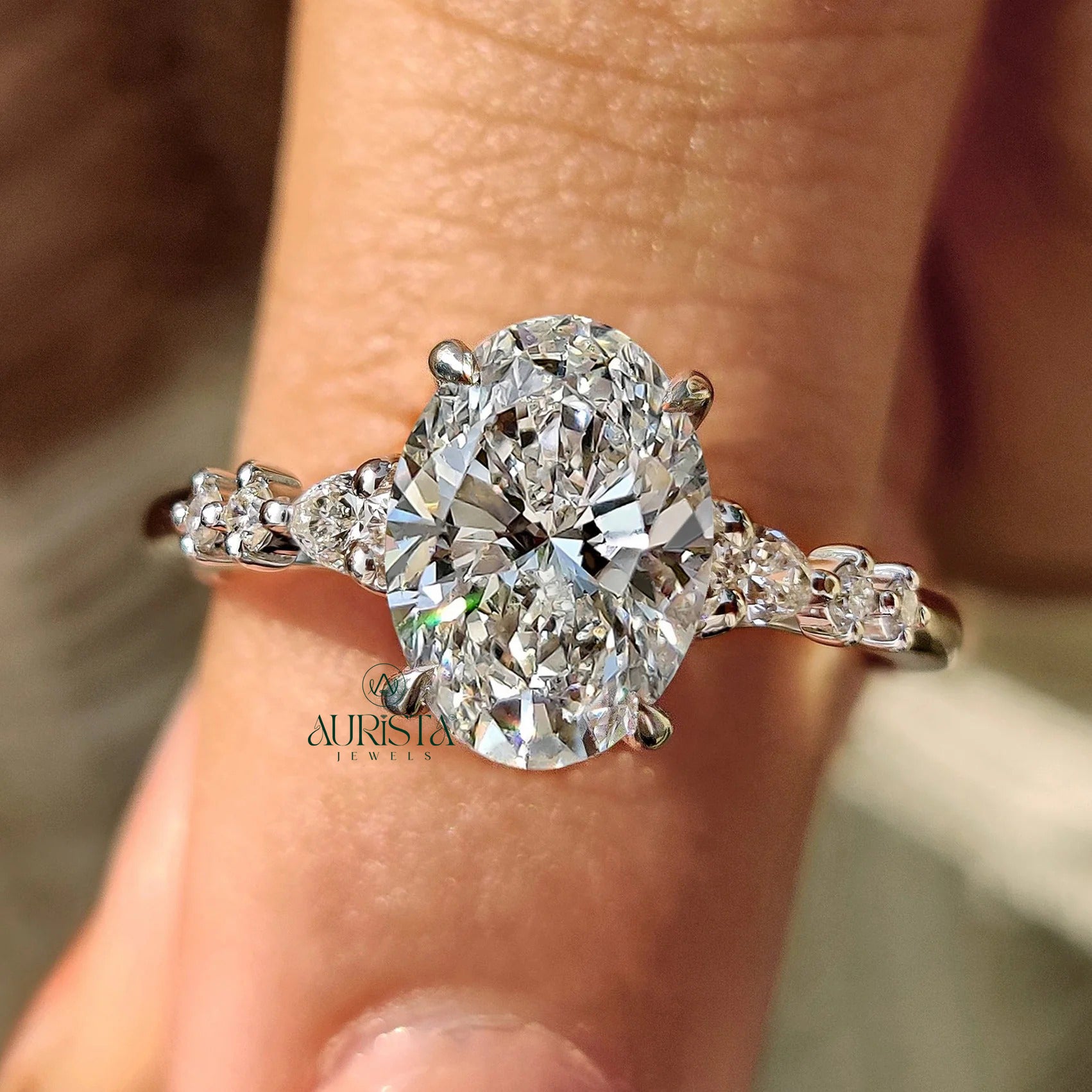 Oval Stone Ring with Pave Triple-Cluster Band