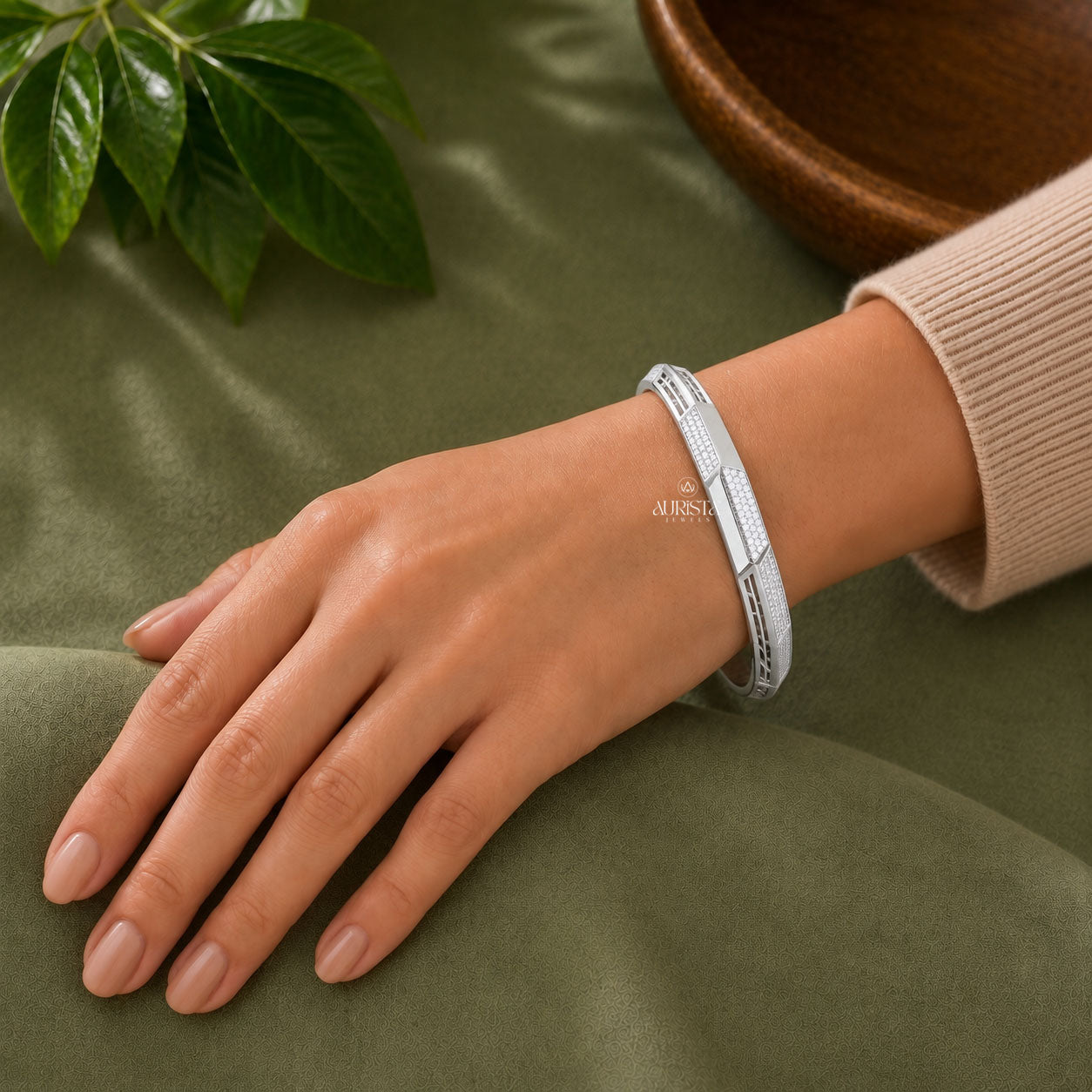 Round Moissanite Geometric Bangle - Angular Micro Pave White Gold Statement Bracelet