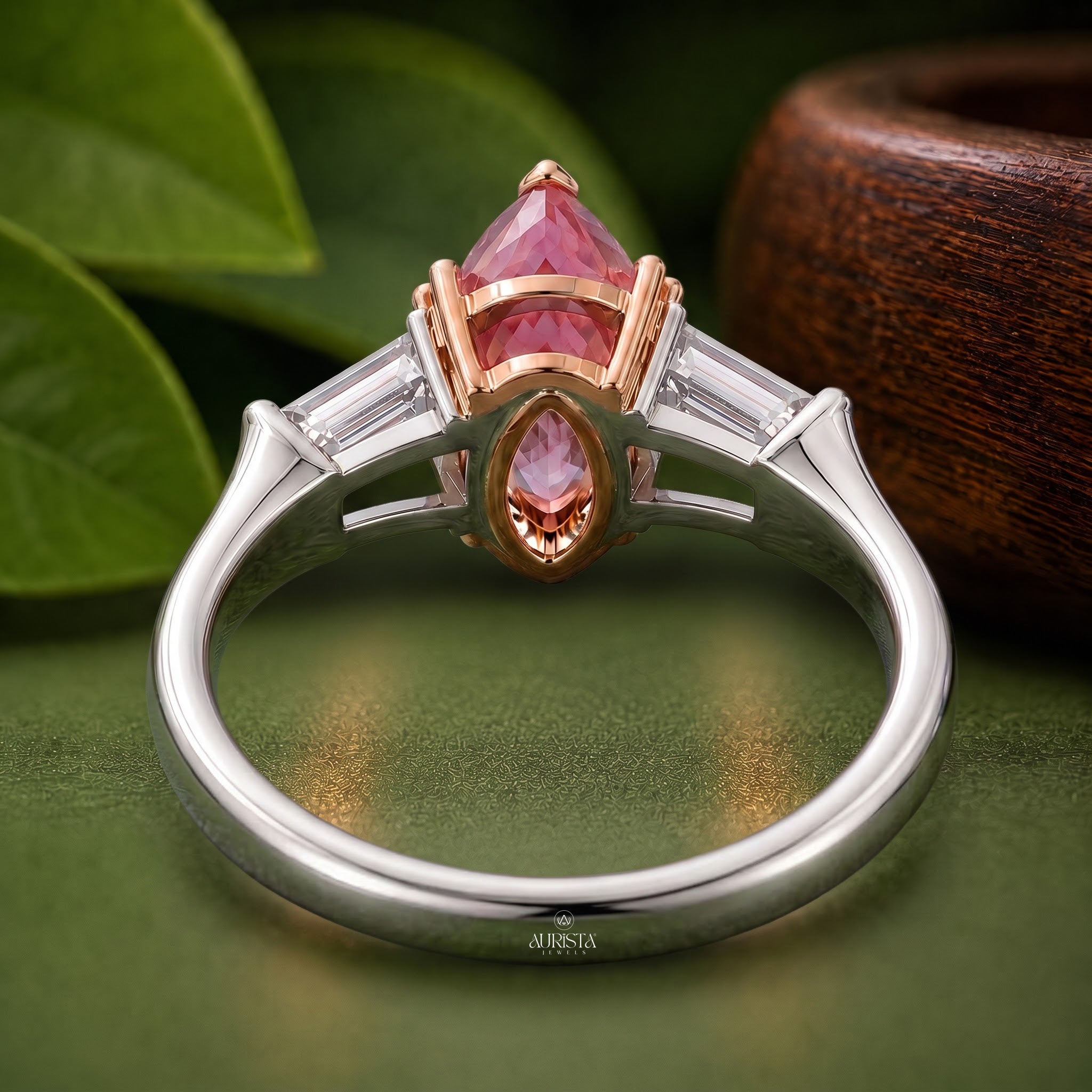 Pink Pear Cut Lab Grown in Diamond Three Stone Ring Silver Luxury Band