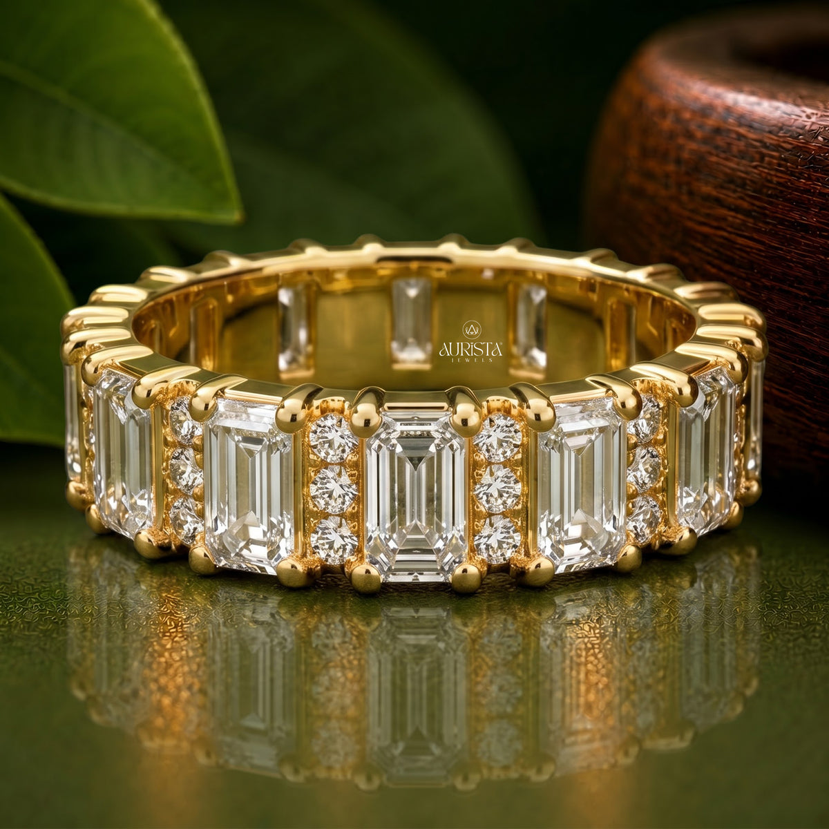 Lab Grown Diamond Eternity Band, Emerald Cut & Round Side Stones Yellow Gold Ring