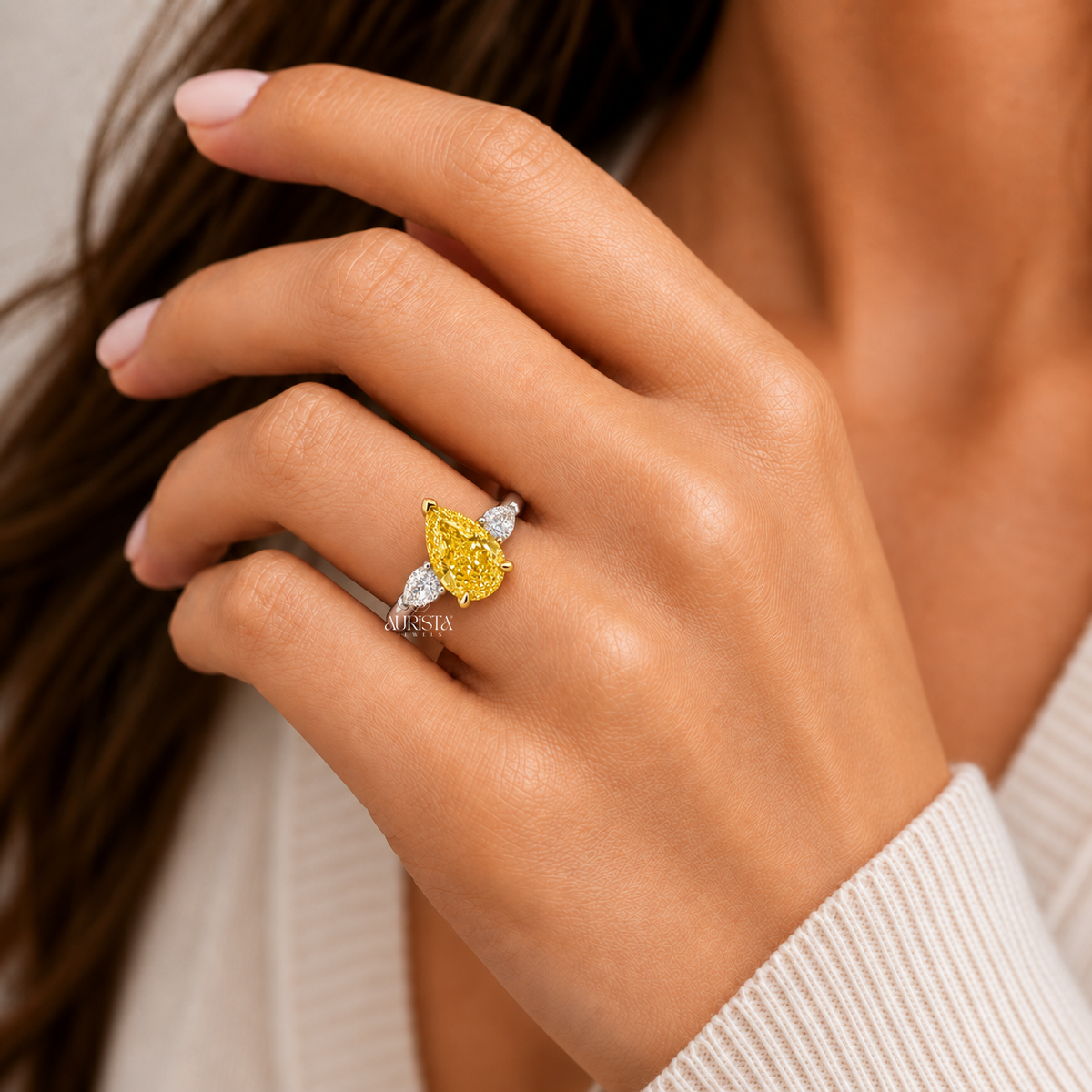 Yellow Pear Cut Three Stone Engagement Ring Statement Band Lab Grown in Diamond