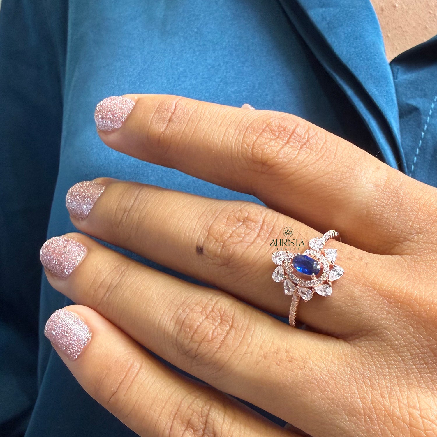Blue Oval Cluster Ring Floral Design Luxury Moissanite Wedding Statement Jewelry