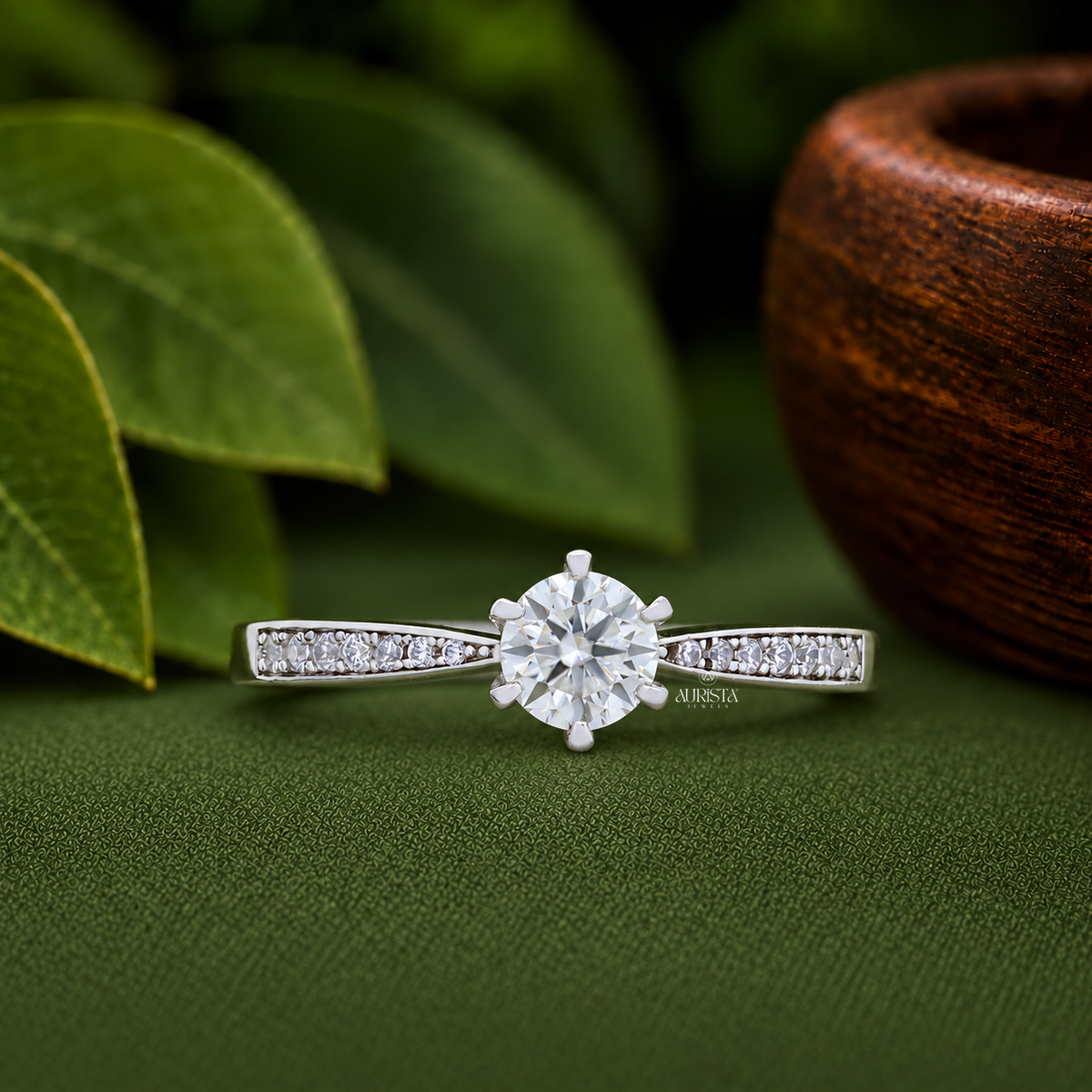 Round Cut Lab Grown Diamond ,  Side Stone,White Gold, Engagement Ring
