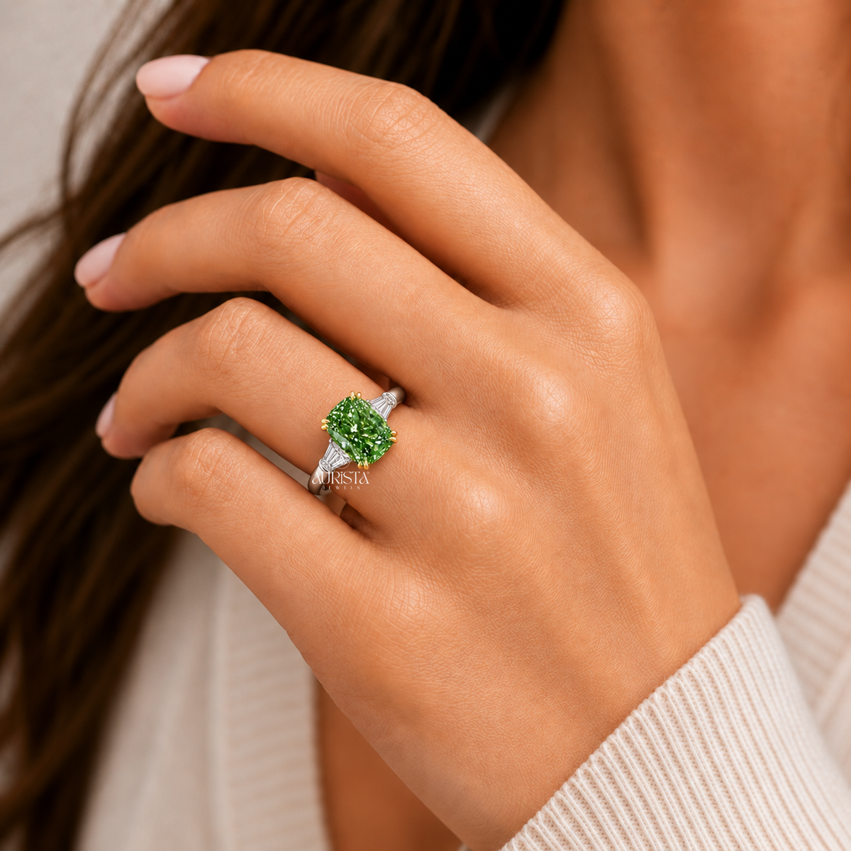 Green Marquise Cut Bezel Set Engagement Ring Solitaire Band Lab Grown in Diamond