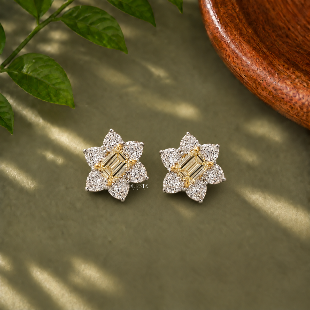 Yellow Emerald Cut Floral Cluster Stud Earrings Lab Grown in Diamond Statement Jewelry