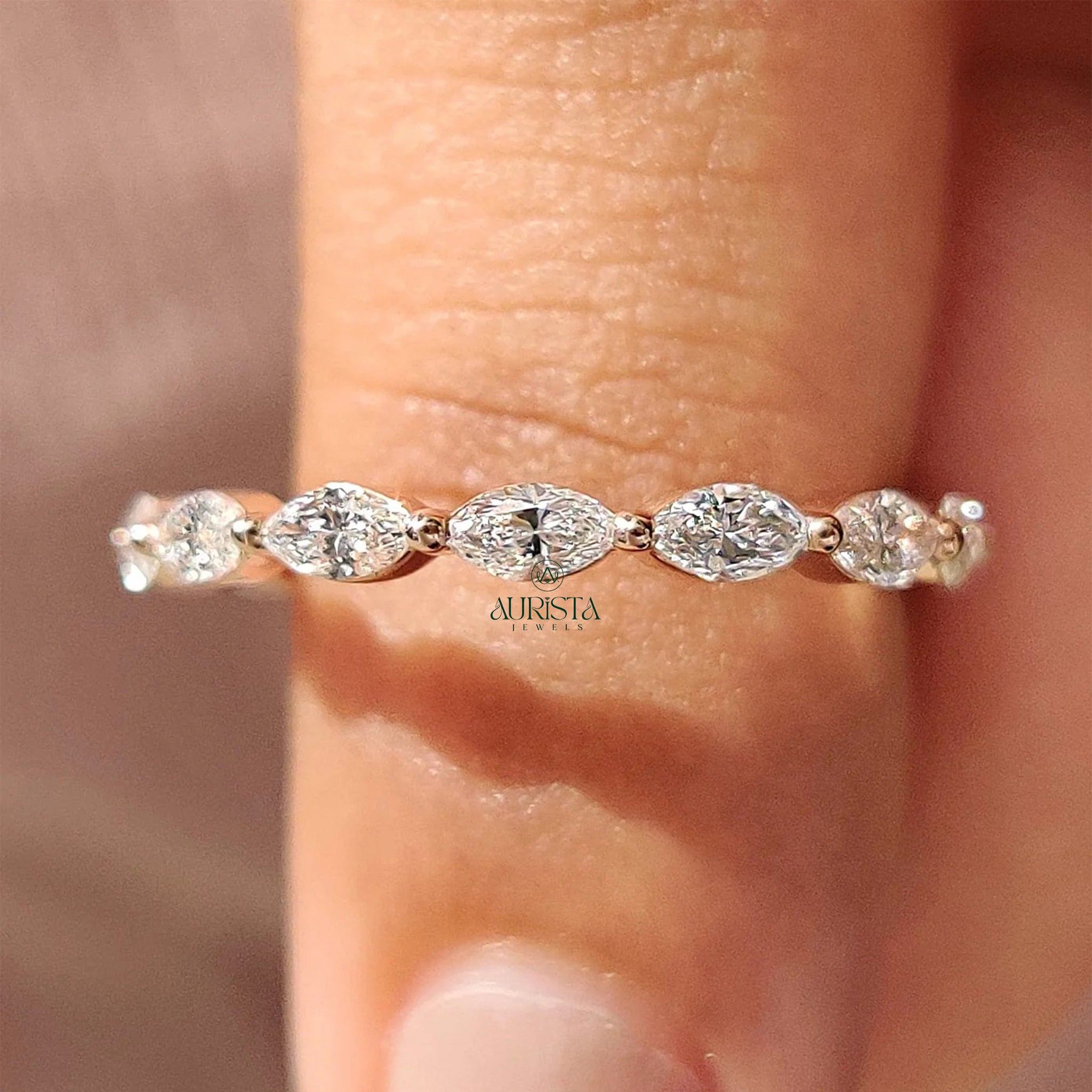 Horizontal Marquise Moissanite Diamond Full Eternity Wedding Band Yellow Gold Ring