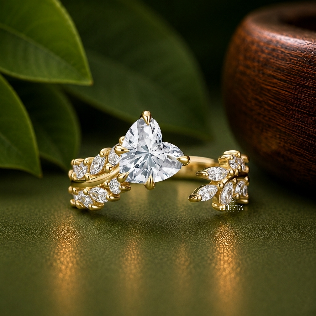 1.00 Ct Heart Cut Lab Grown Diamond Ring, Unique Open Leaf Vine Band Jewelry