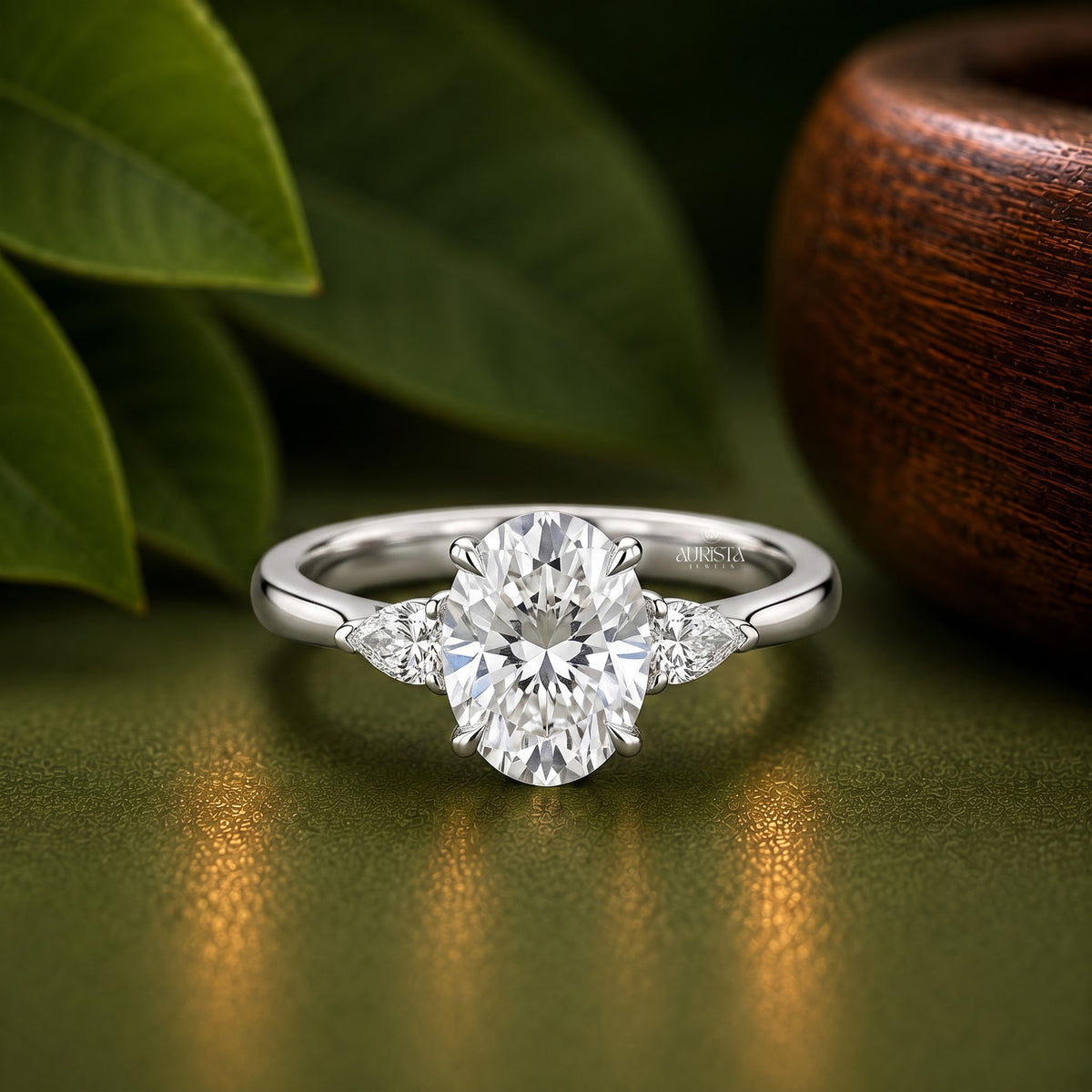 Oval Lab Grown Diamond Ring Set, White Gold Three Stone With Curved Pave Band Ring