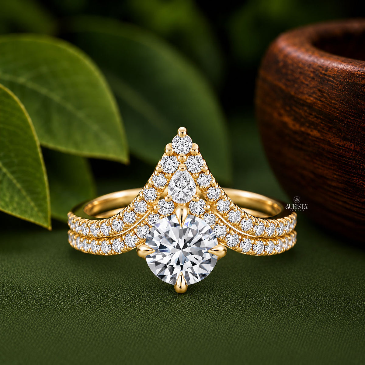 Round & Pear Lab Grown Diamond Crown Ring, Chevron Statement Wedding Band Set