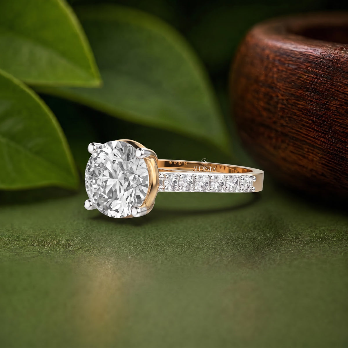 Round Lab Grown Diamond Ring, Two-Tone Gold Engagement Ring With Pave Accents