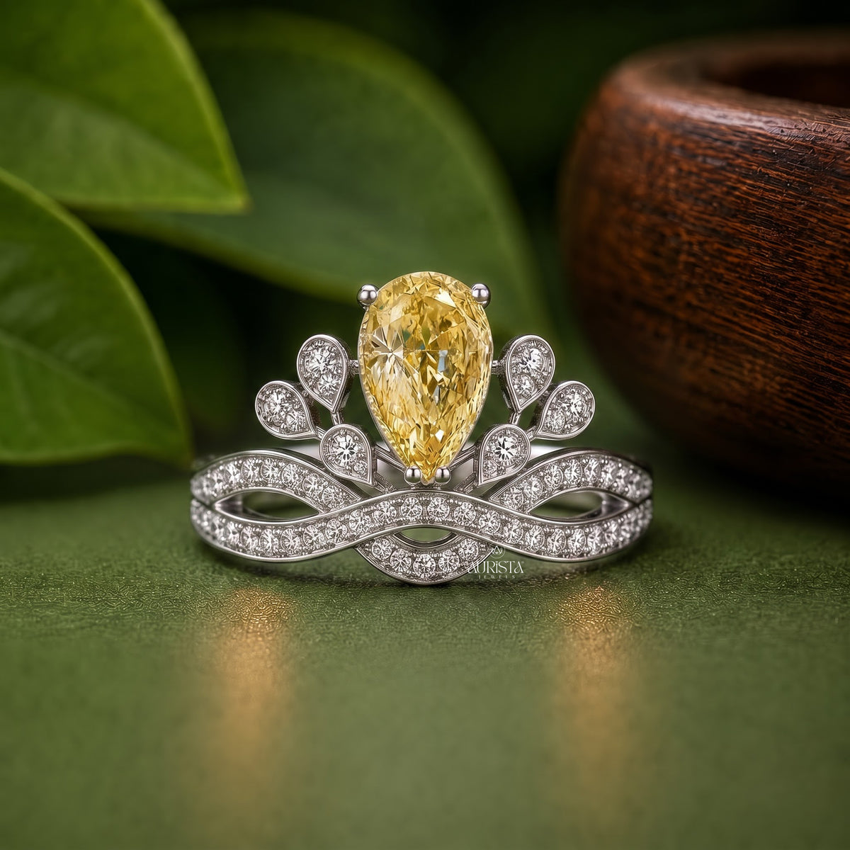 Lab Grown in Diamond Yellow Pear Crown Ring Statement Floral Ring Jewelry
