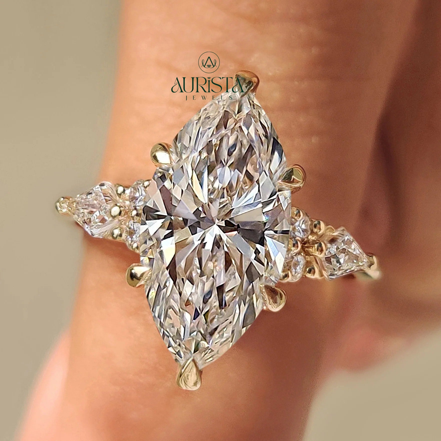 Marquise Cut Diamond Ring with Unique Kite Side Stones