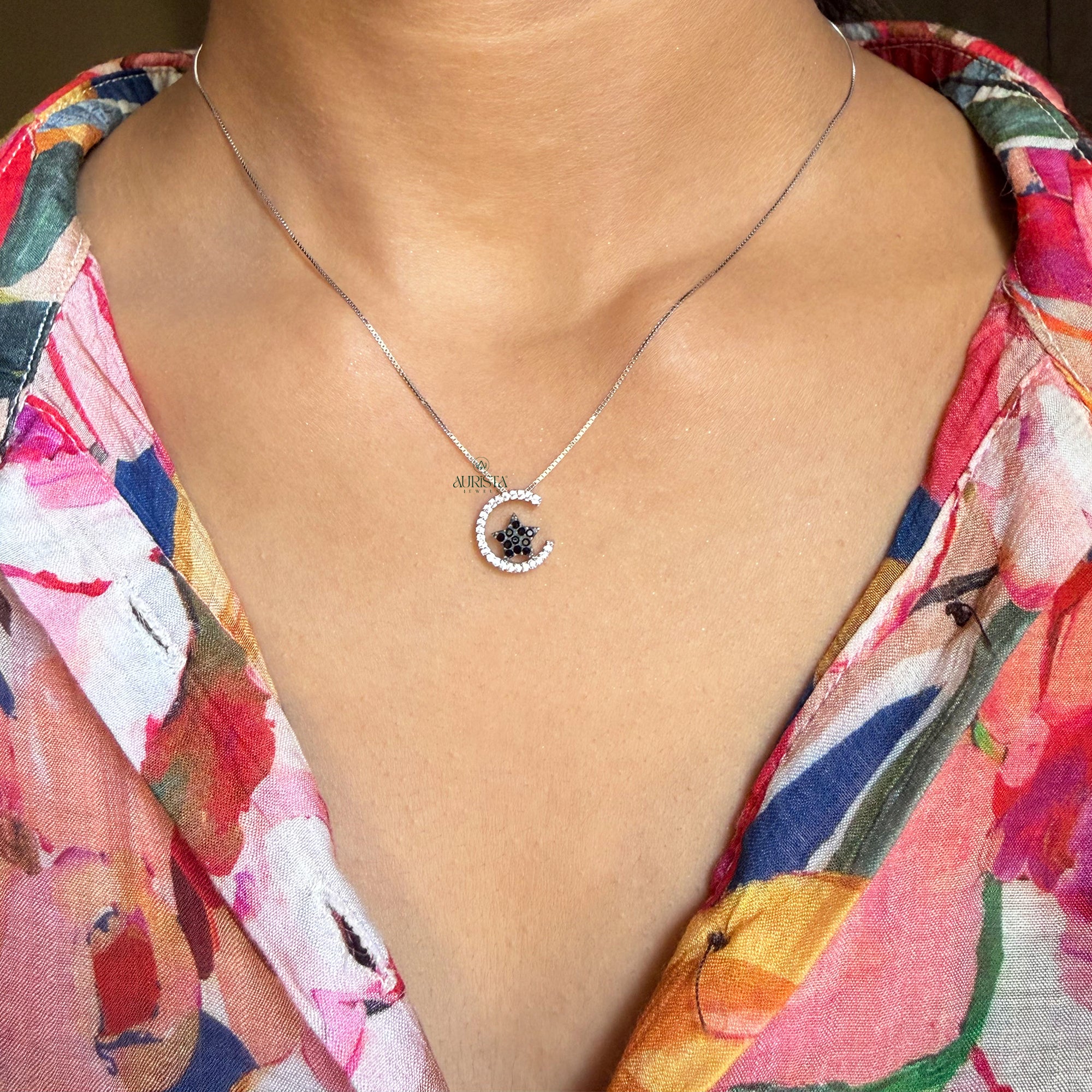 Pave Crescent Moon & Black Star Pendant