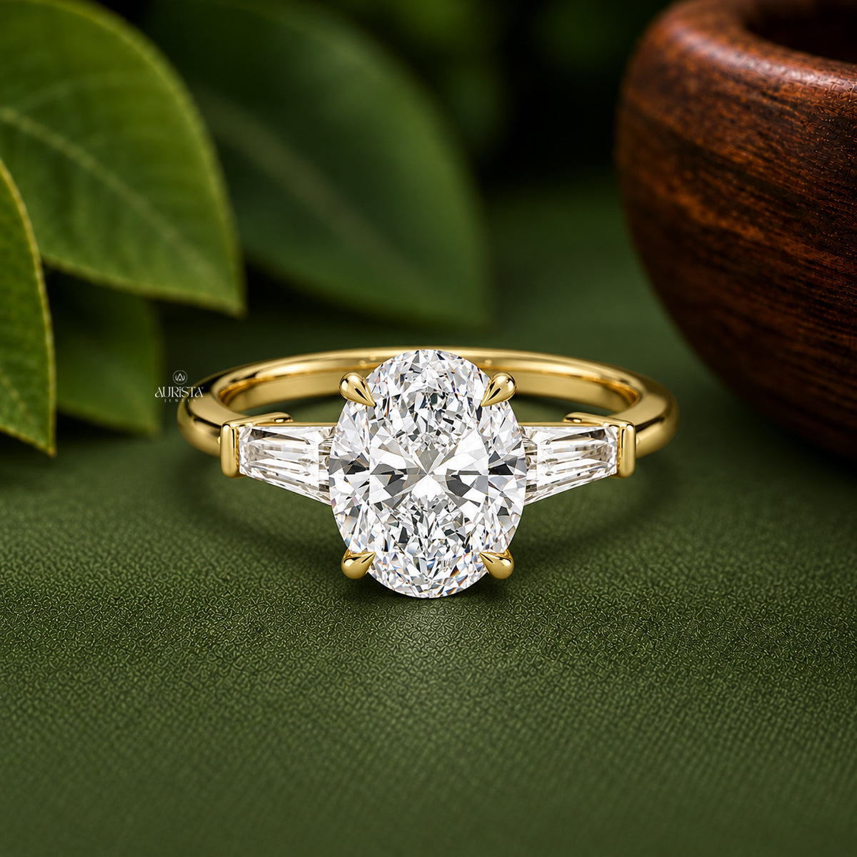 Oval & Tapered Baguette Lab Grown Diamond Ring, Three Stone Anniversary Gift