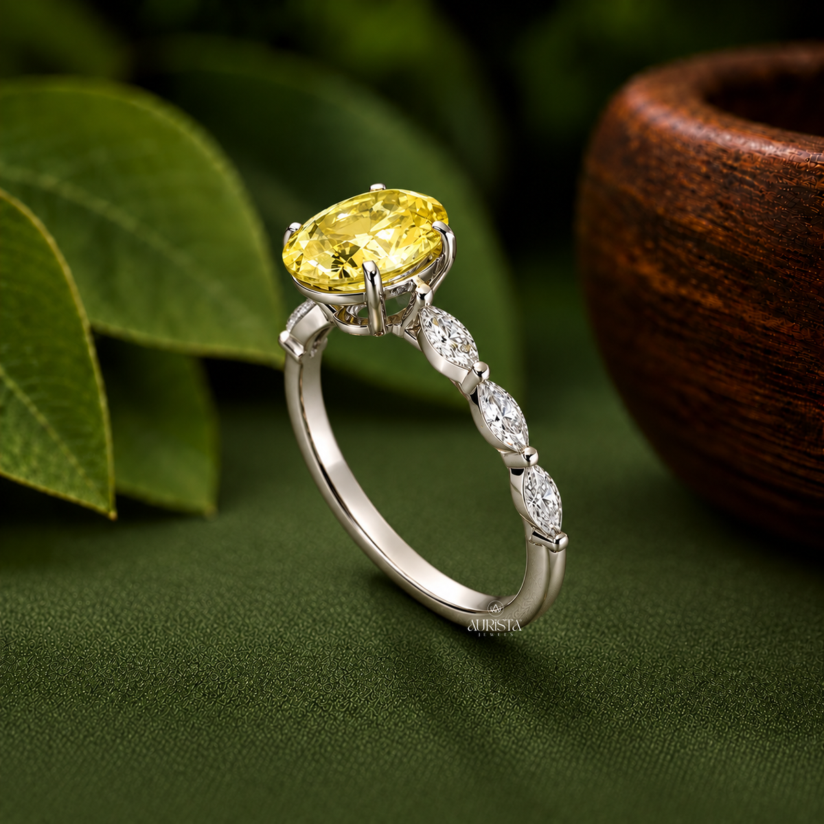 Oval Yellow Color Diamond Ring with Marquise Accent Lab Grown in Diamond