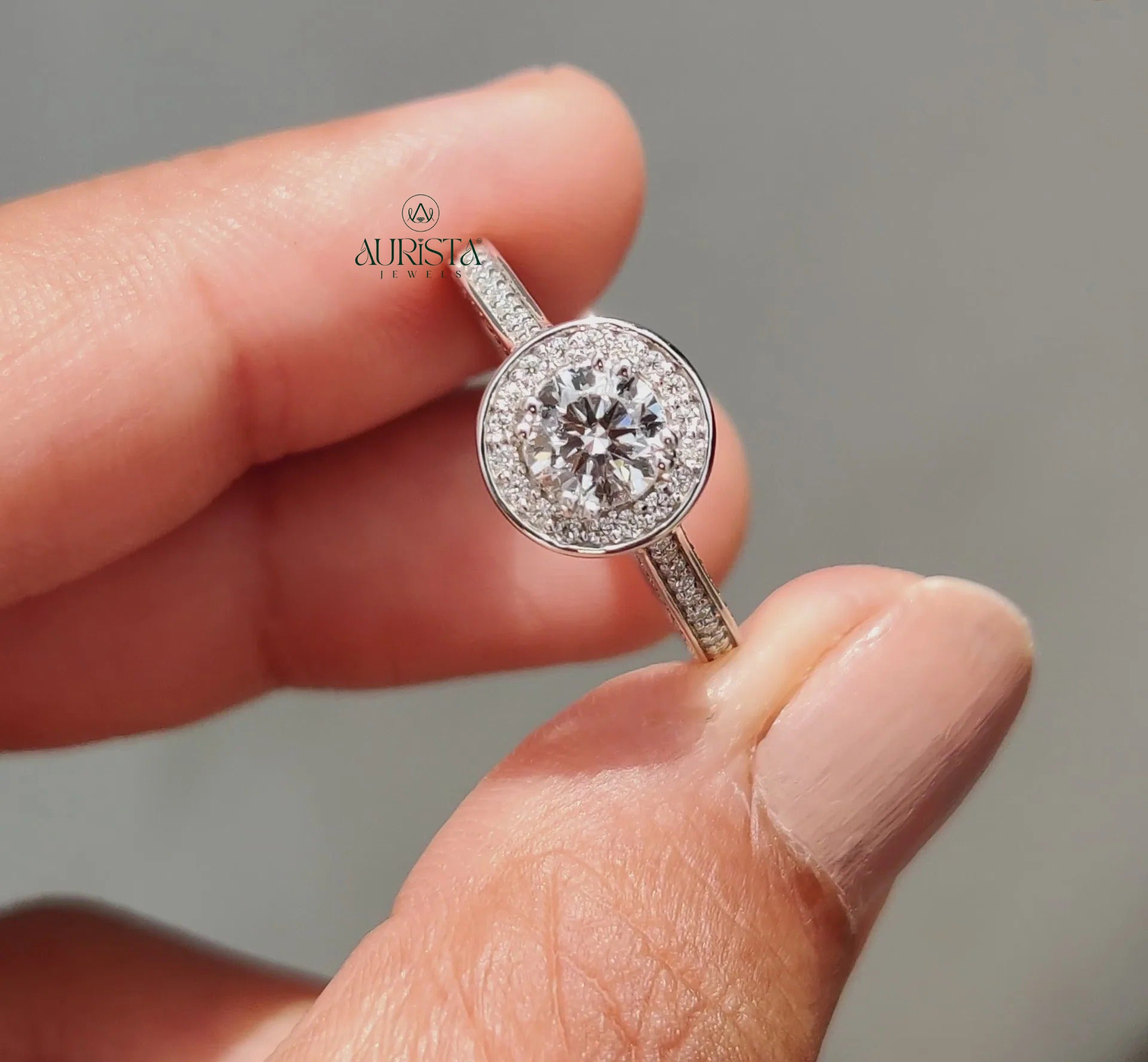 Celestia Round Cut Diamond Halo Ring with Pave Brilliance