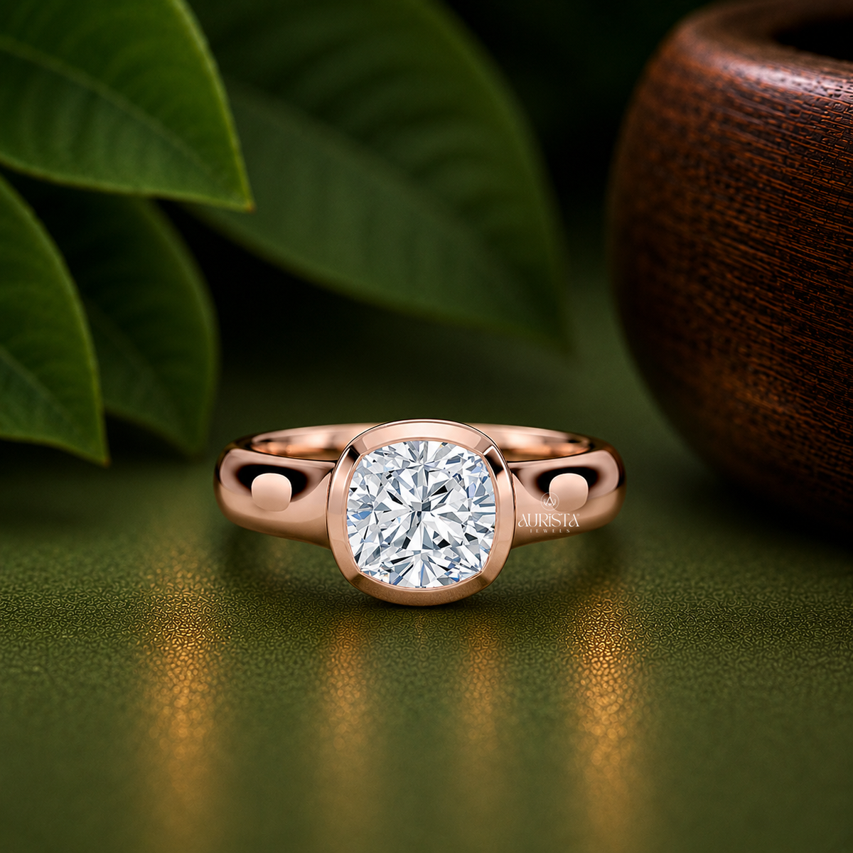 Cushion Shape Lab Grown Diamond Ring, Bezel Set Wide Solitaire Rose Gold Band