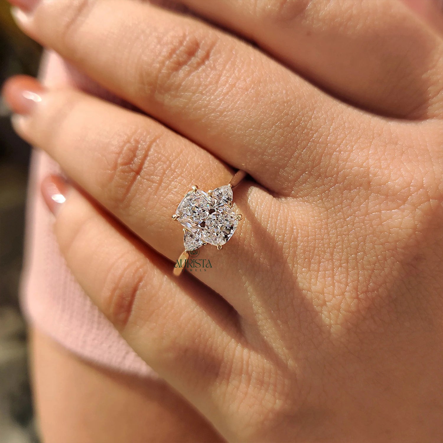 Celestique Cushion Cut Diamond Ring with Trillion Side Stones