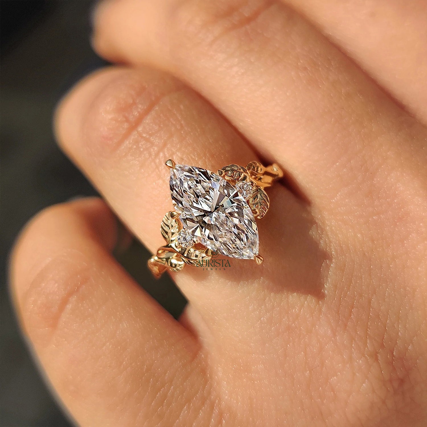 Marquise Cut Diamond Nature Inspired Floral Leaf Three Stone Ring