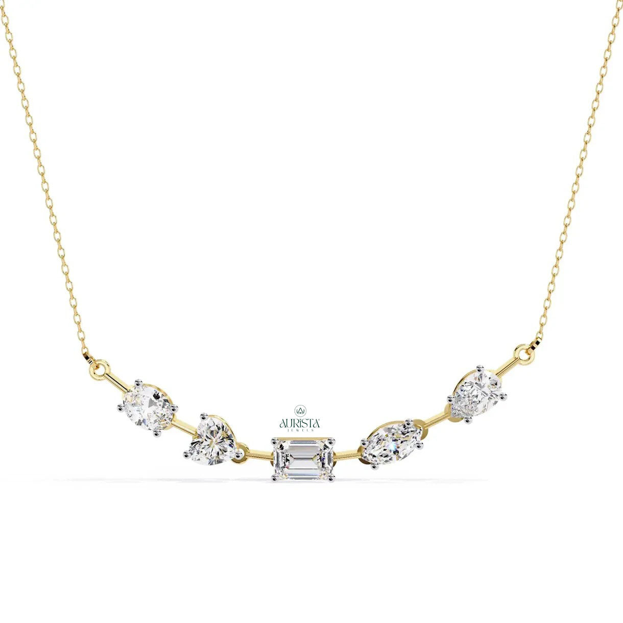 Gold Mixed Cut Moissanite Diamond Station Necklace Pear Emerald Heart Marquise Chain