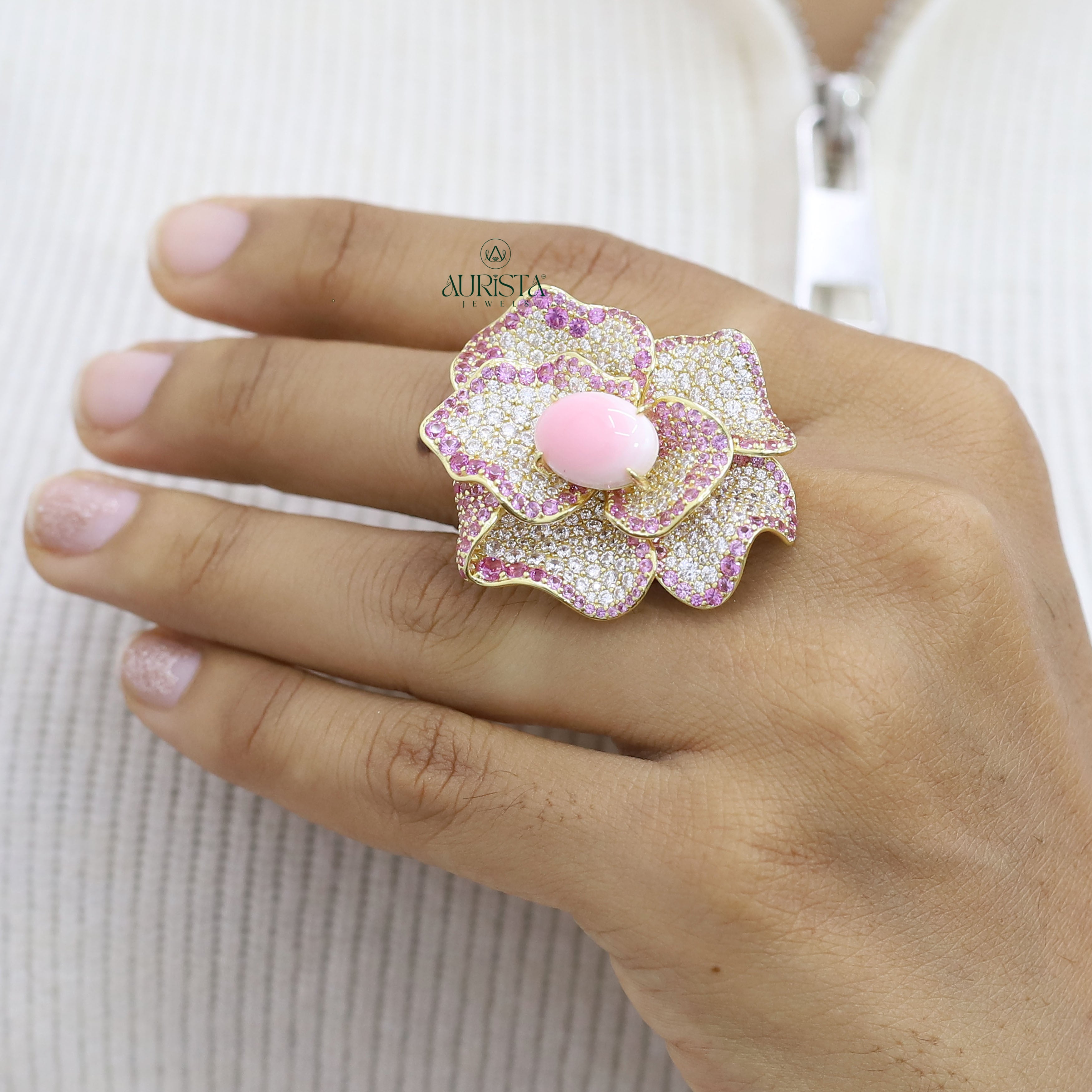 Luxury Flower Moissanite Ring - Pink Gemstone & Sparkling Petals Cocktail Ring