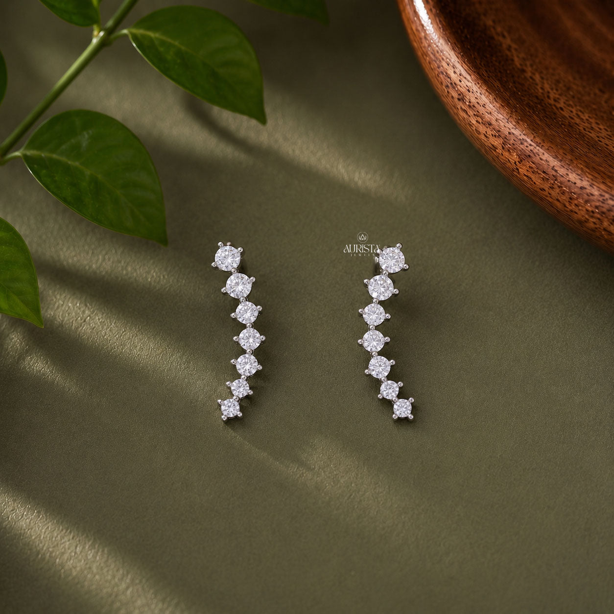 Round Moissanite Graduated Ear Climber Earrings - Prong Set Silver Crawler Earrings