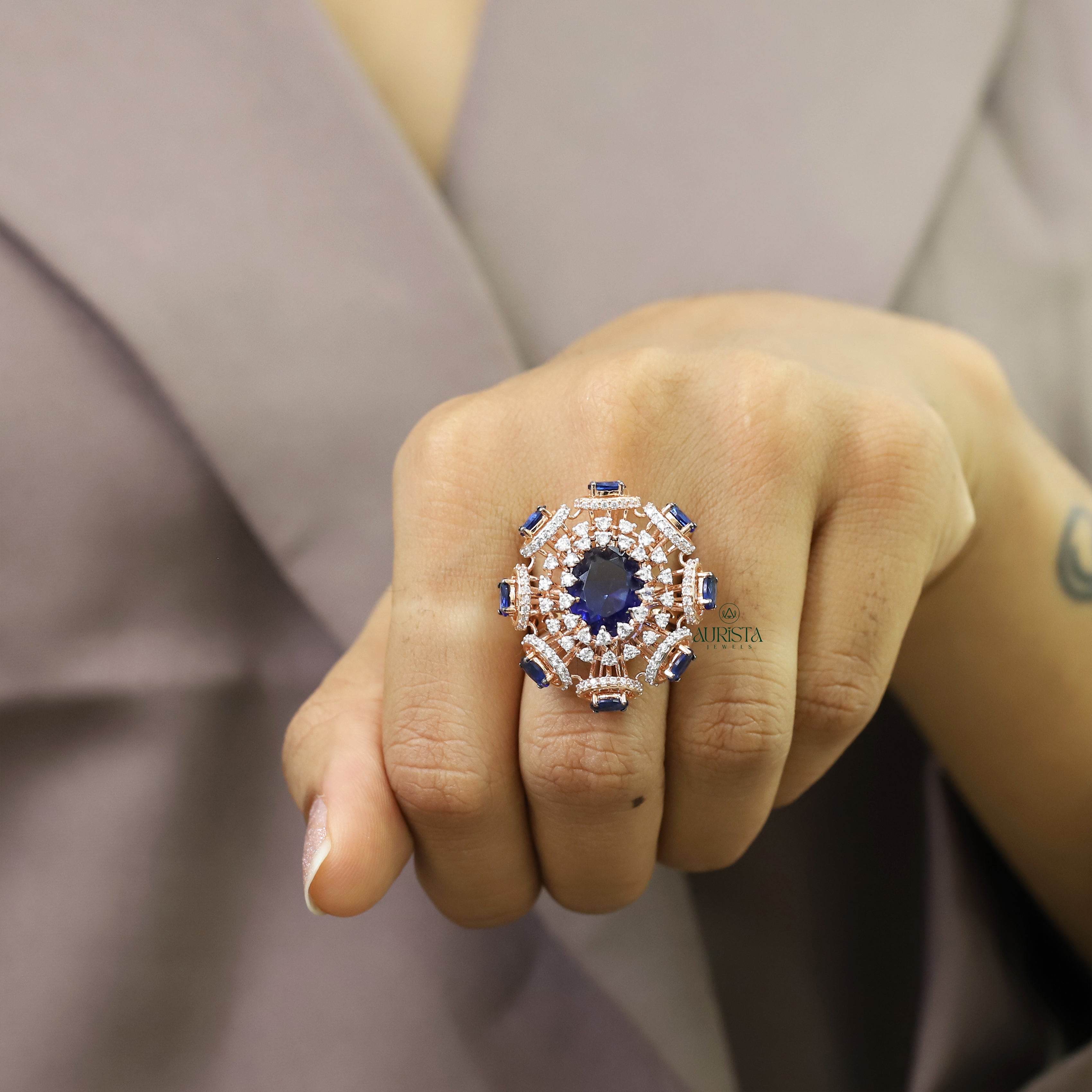 Oval Blue Stone Cluster Ring Rose Gold Moissanite Statement Cocktail Band Luxury