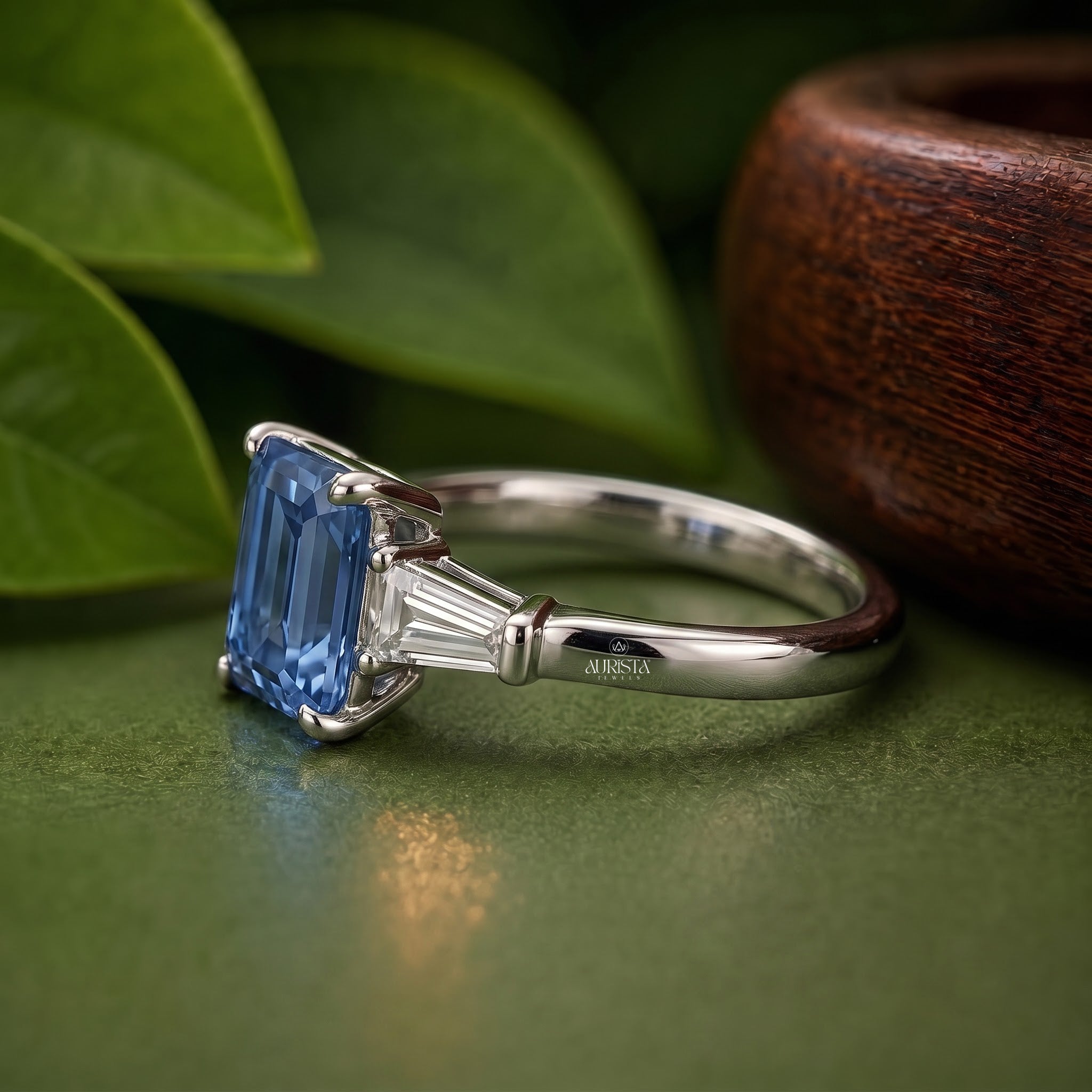 Blue Emerald Cut Lab Grown in Diamond Three Stone Ring Silver Luxury Band