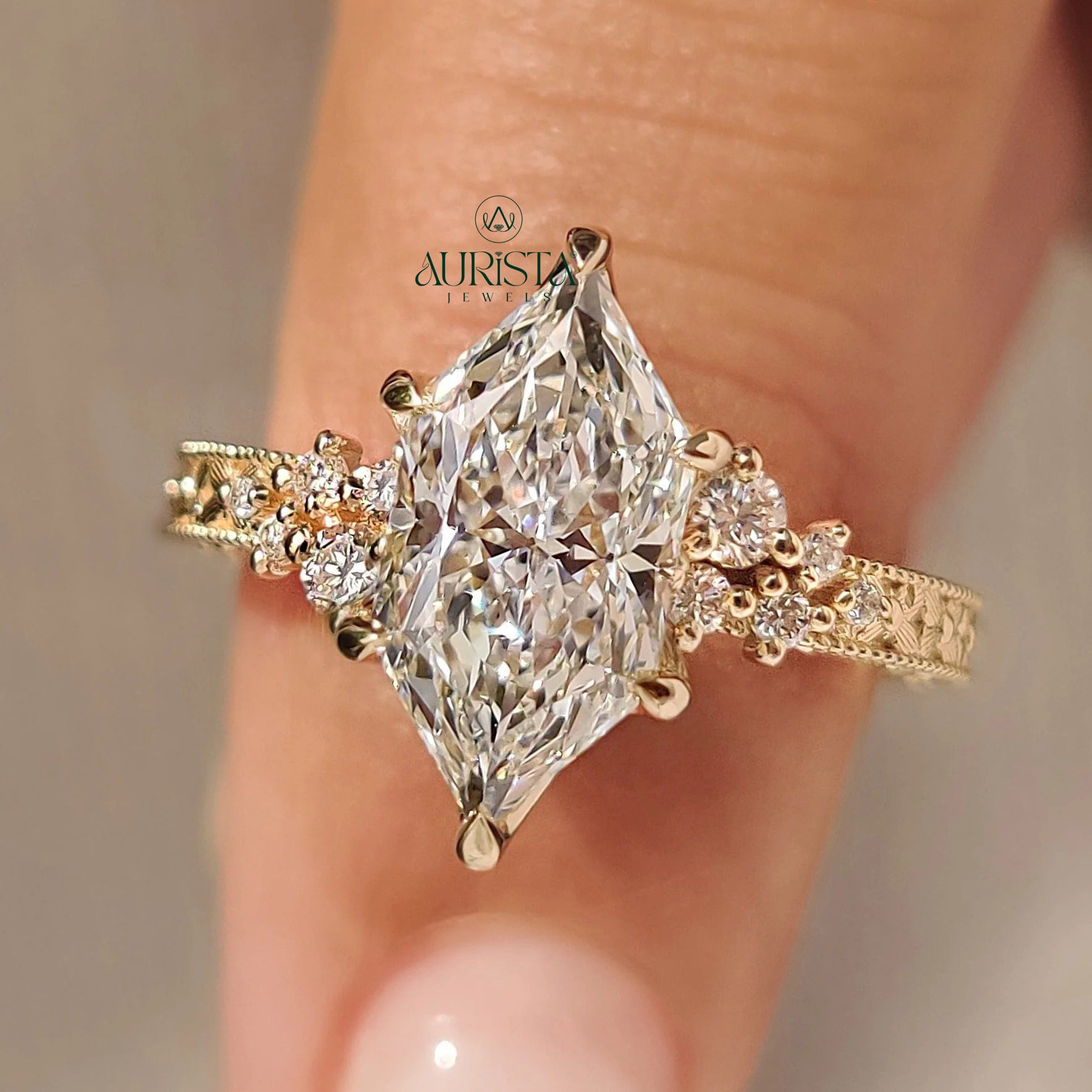 Marquise Cut Diamond Ring with Six-Prong Setting  Side Stones