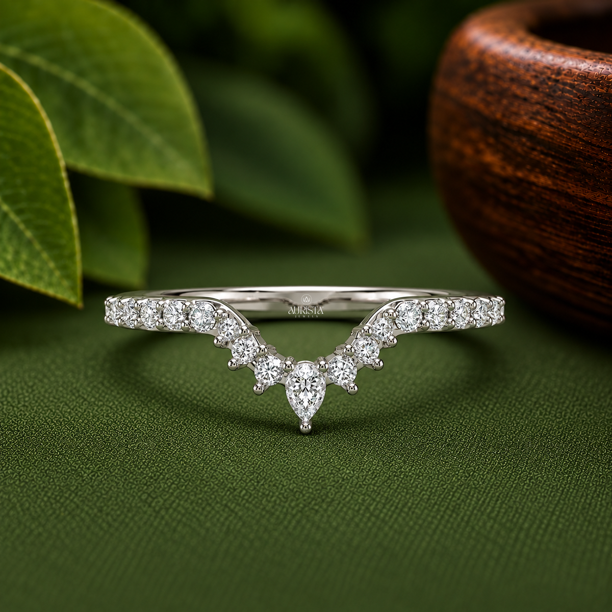 Curved Wedding Band, Moissanite Diamond V-Shape Nesting Ring In White Gold Pave Set