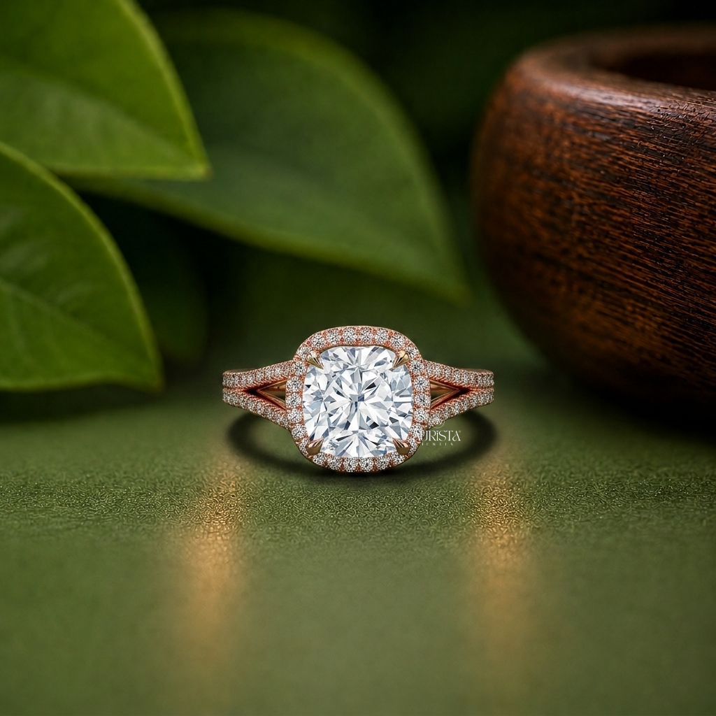 Cushion Lab Grown Diamond Ring, Rose Gold Split Shank Halo With Round Side Stones