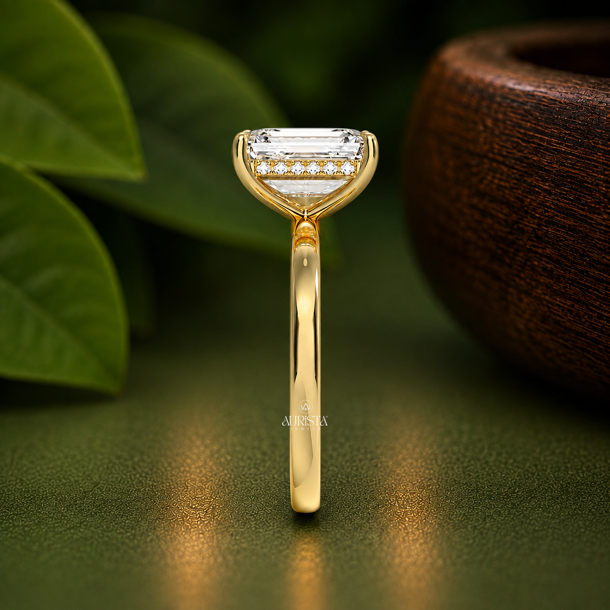 2.00 ct Emerald Cut Lab Grown Diamond Diamond Hidden Halo Ring, Minimalist Yellow Gold
