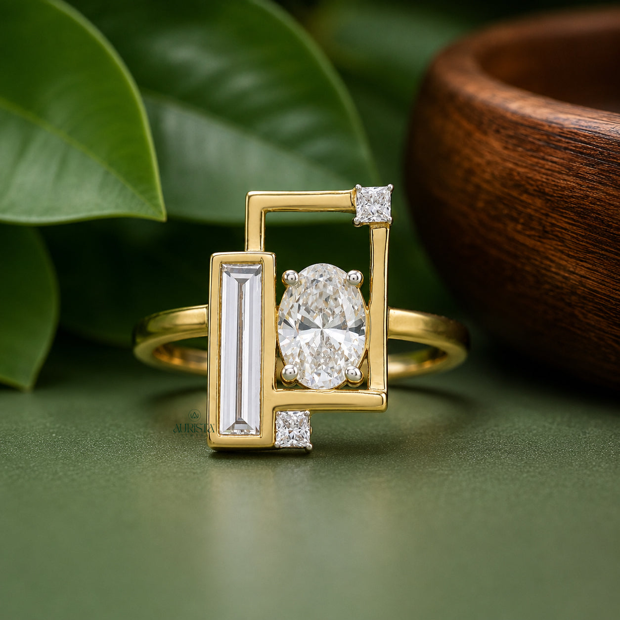 Oval Cut Lab Grown Diamond Geometric Ring, Baguette & Princess Statement Ring Band