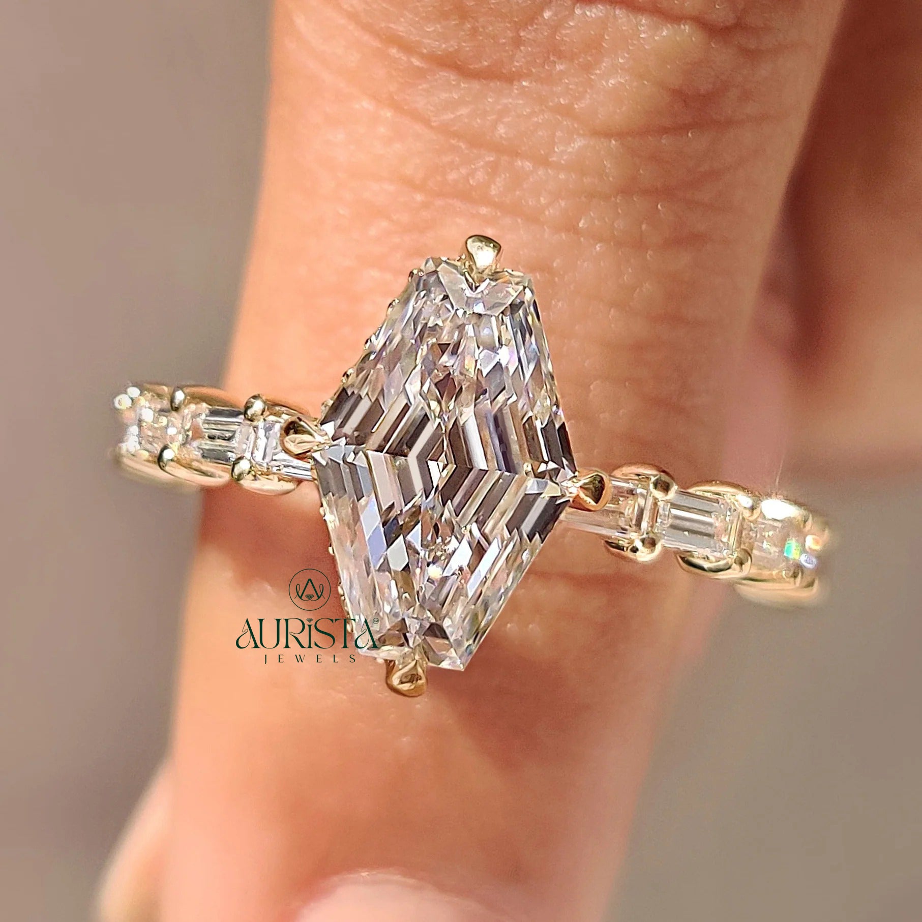 Luxury Hexagon Cut Pave Ring with Brilliant Side Stones