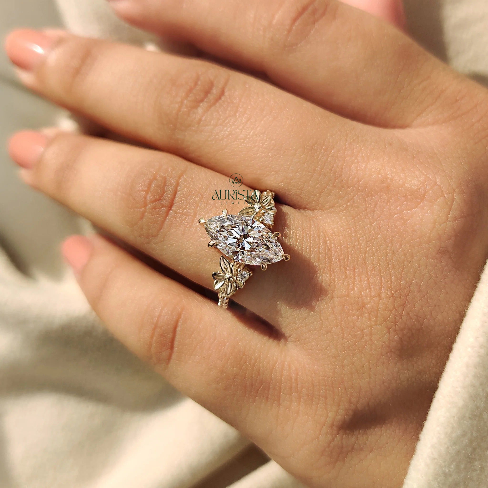 Nature Inspired Marquise Cut Diamond Ring with Floral Elegance