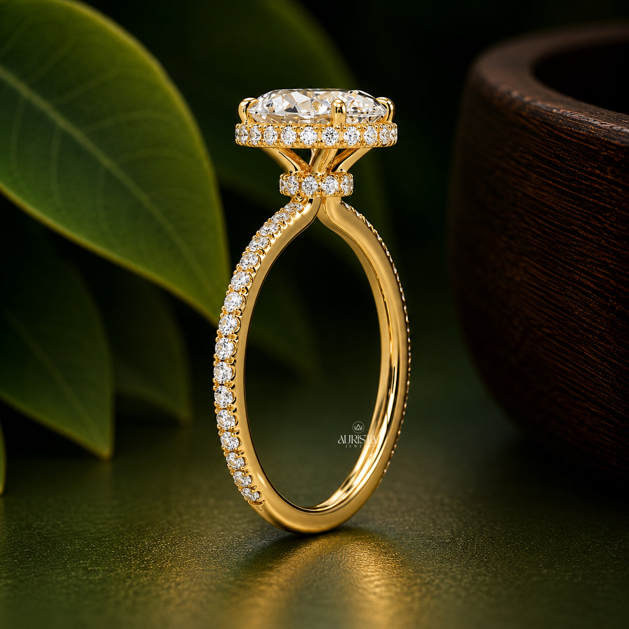 Oval Cut Lab Grown Diamond Halo Ring, Pavé Band Engagement Ring, Solitaire Statement