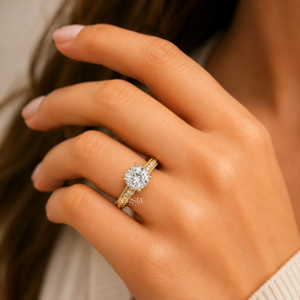 Vintage Round Moissanite Diamond Ring, Antique Milgrain Pavé Engagement Wedding Band