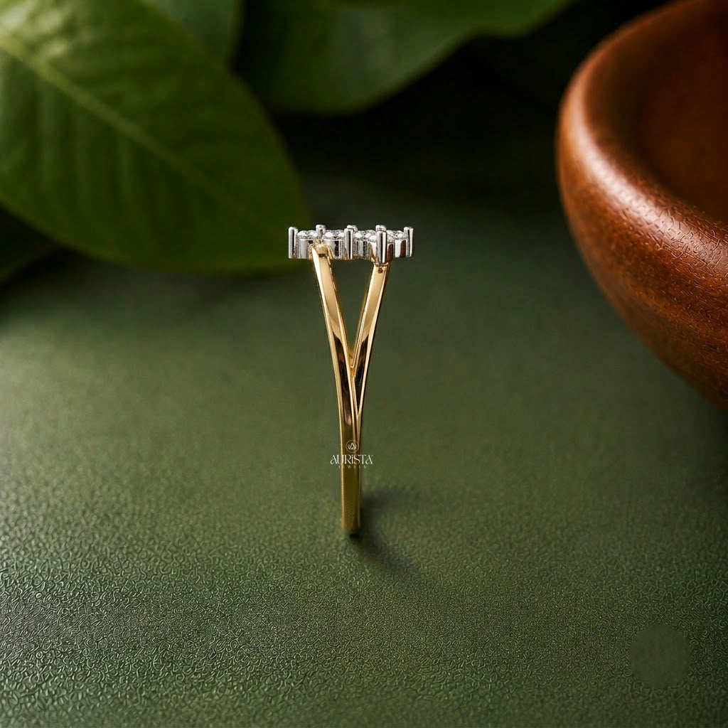 Lab Grown Diamond Gold Cluster Ring Asymmetrical Bypass Band Modern Stacking Ring