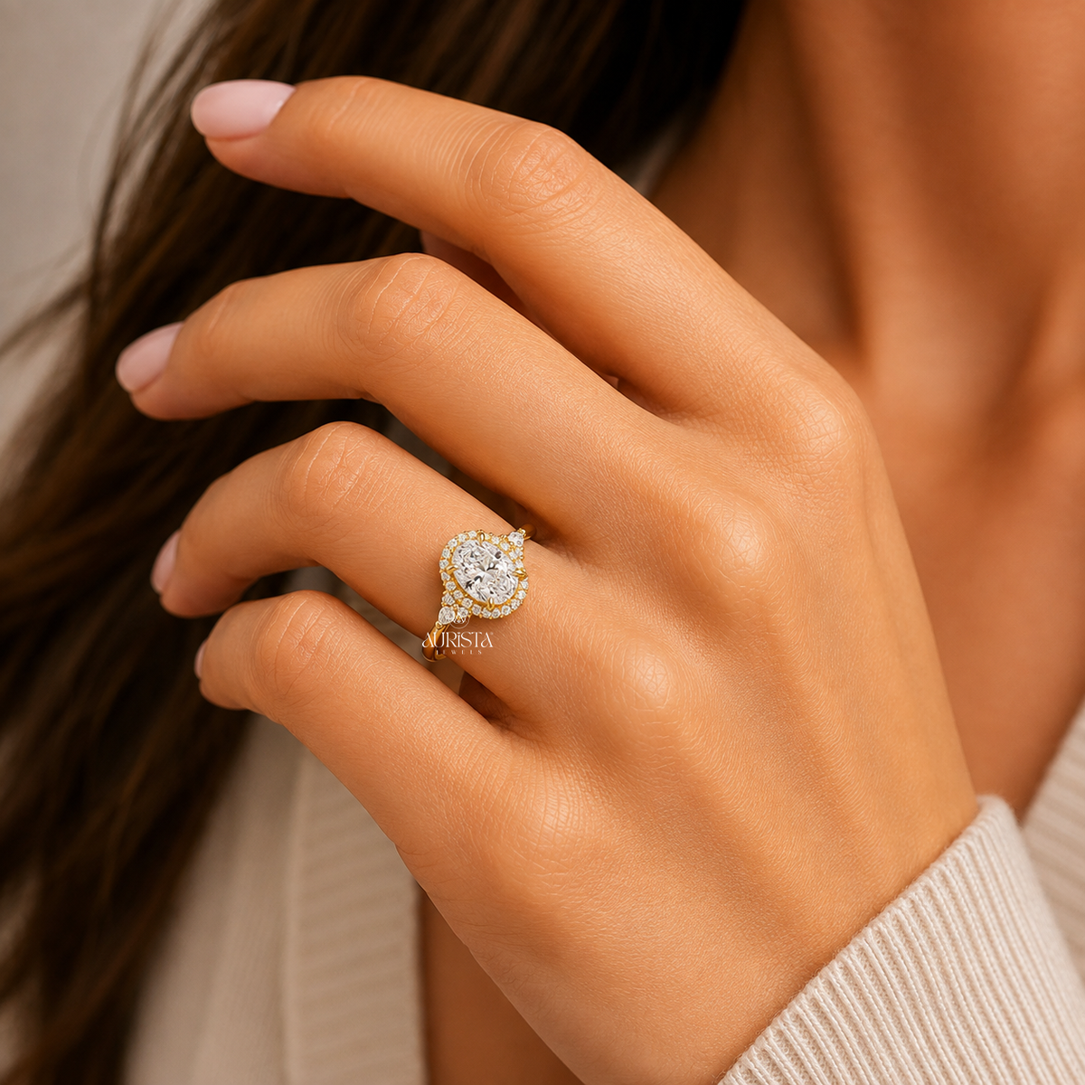 Oval Shape Lab Grown Diamond Ring, Halo Engagement Ring With Cluster Side Stones