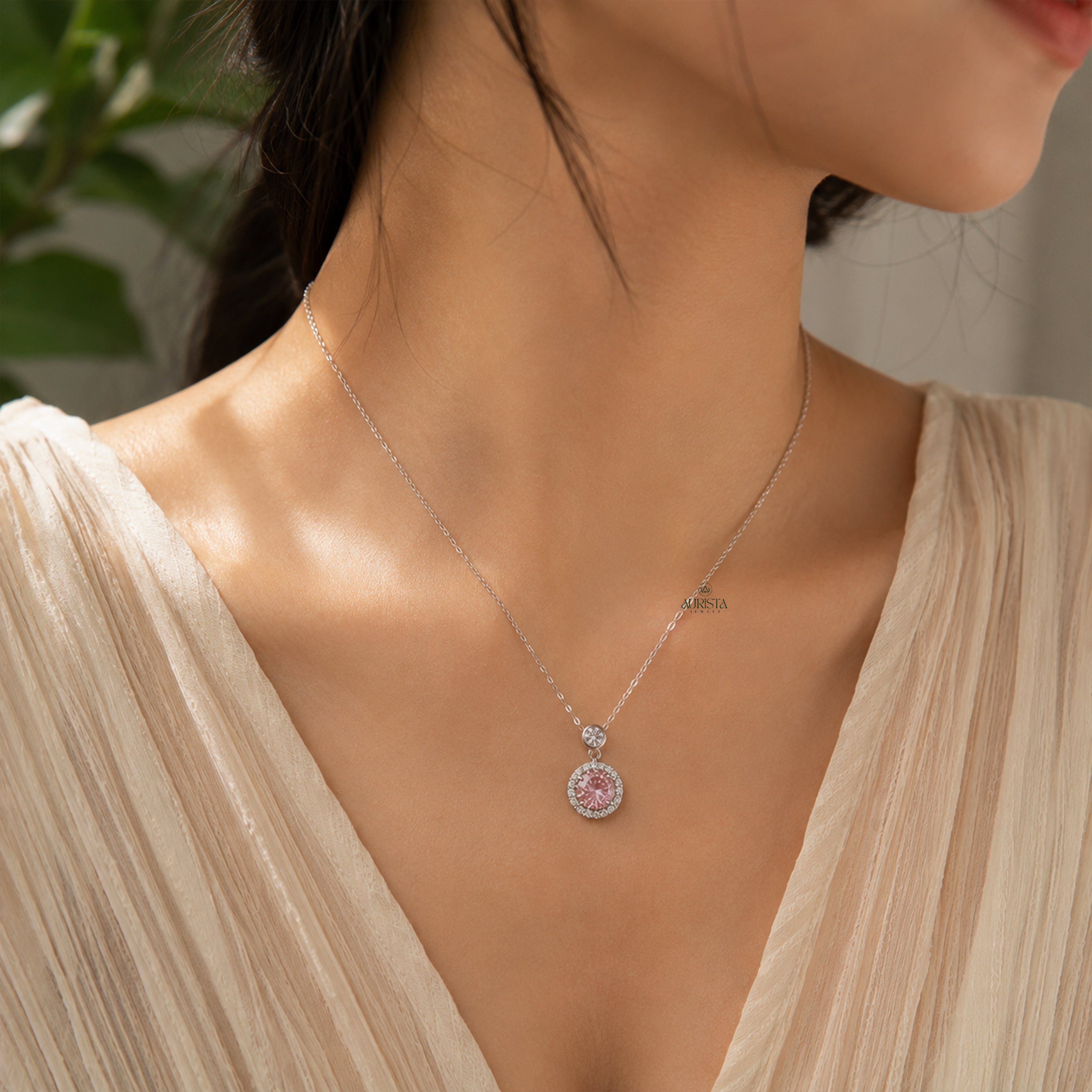 Dainty Moissanite Pink Gemstone Round Pendant Necklace Minimalist Layering Jewelry
