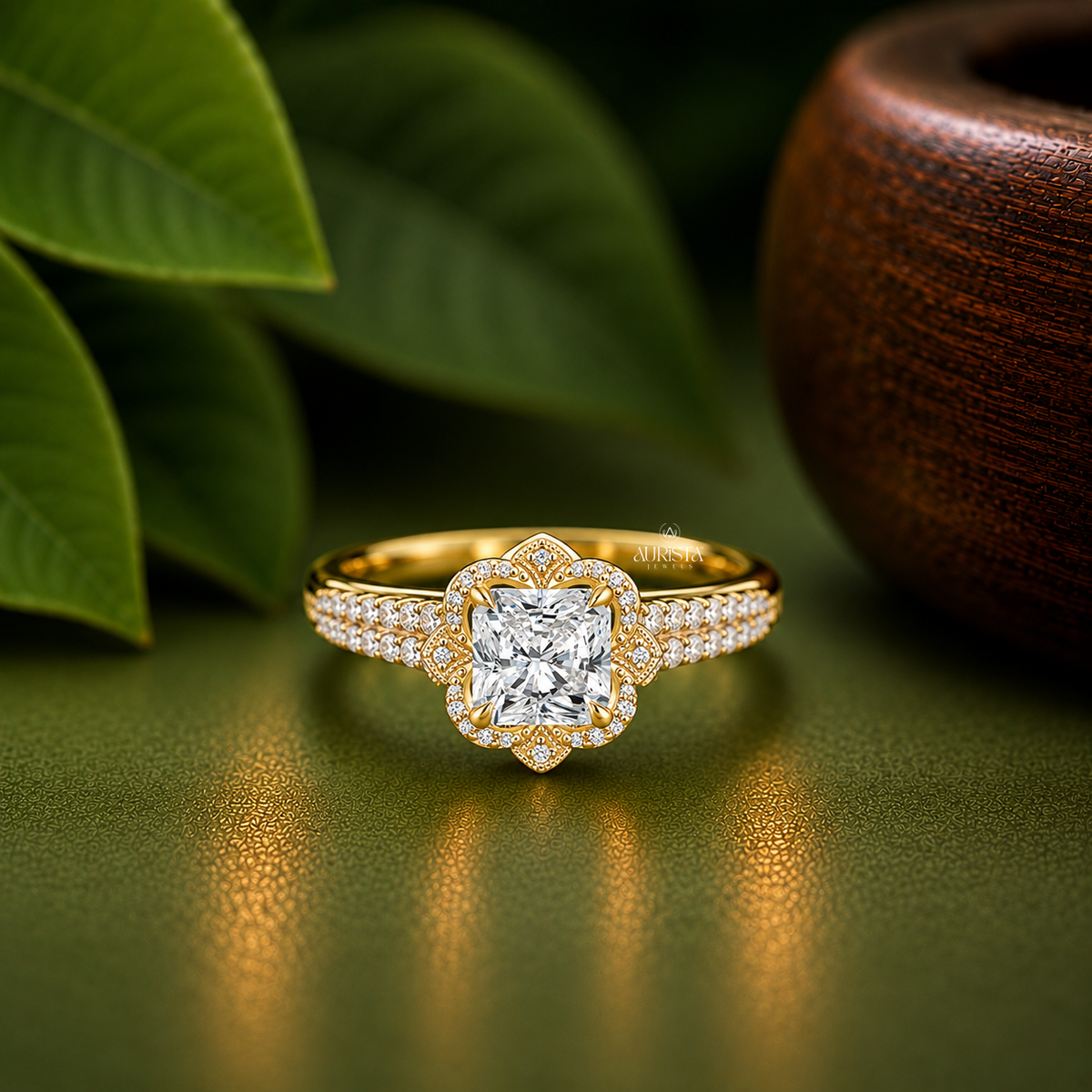 Cushion Shape Lab Grown Diamond Ring, Vintage Floral bridal-set Side Stones Fine Jewelry